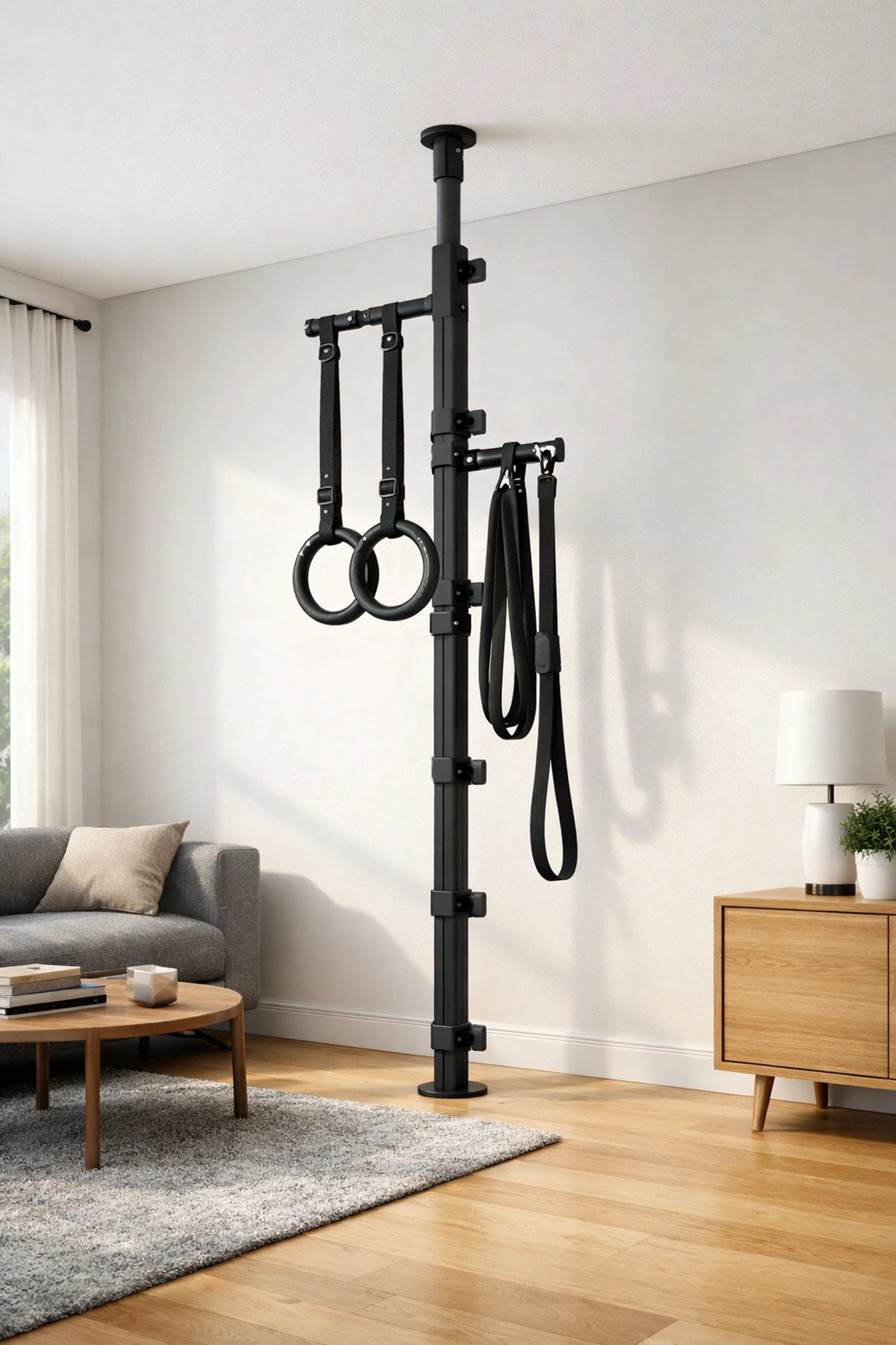 Sleek floor to ceiling gym rail with rings and bands for no wall damage home calisthenics training.