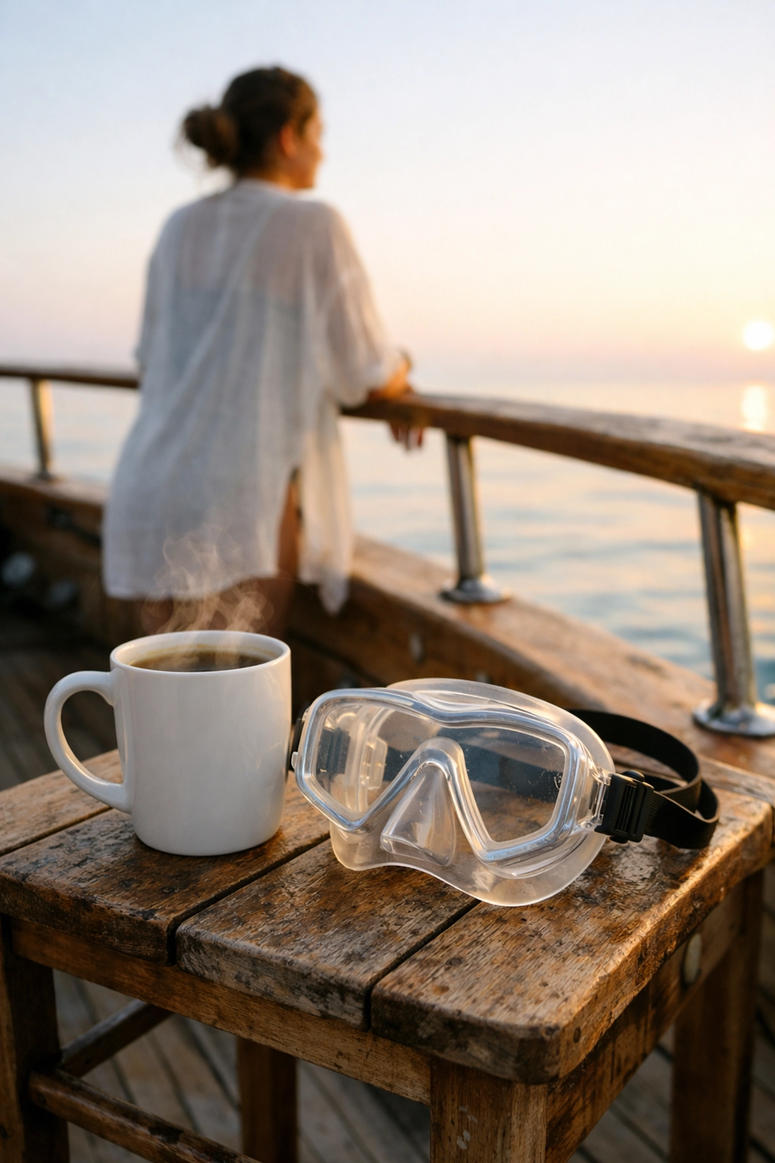 Scuba mask and coffee on a liveaboard boat deck at sunrise, illustrating the eat sleep dive lifestyle.