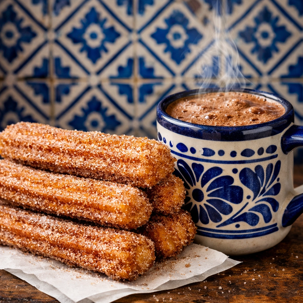 Traditional Mexican churros with cinnamon sugar and hot chocolate at a historic churreria in Mexico City.