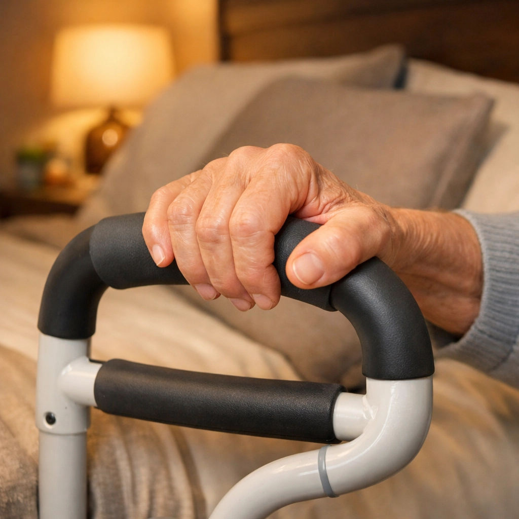 Close-up of a senior using a padded bed assist rail handle for stability and balance.