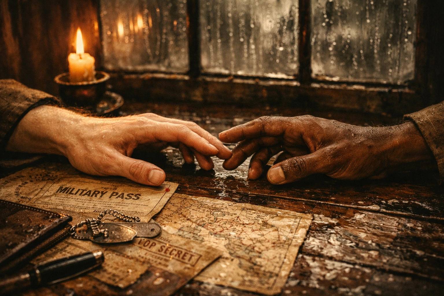 Forbidden connection across colonial divide: Hands nearly touching over WWII documents, gay romance