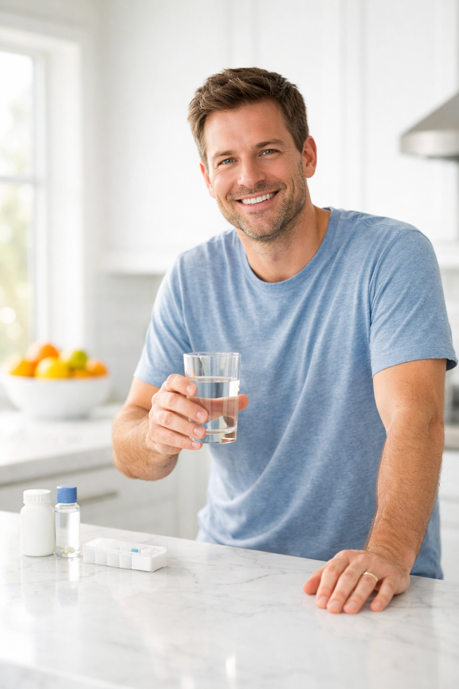 A man taking daily oral weight loss medication at home for weight management.