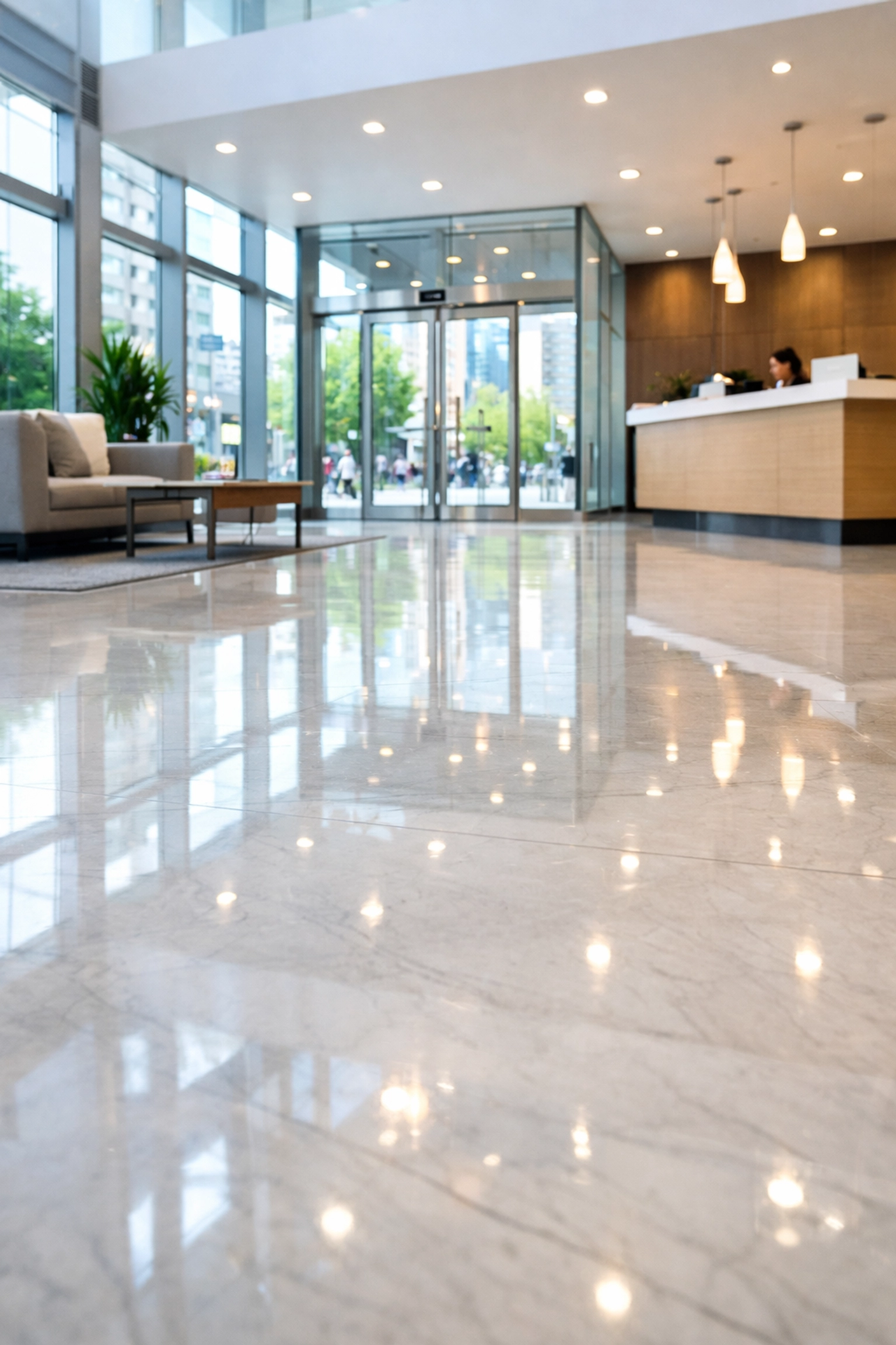 Clean modern office building lobby with polished floors in multi-unit property