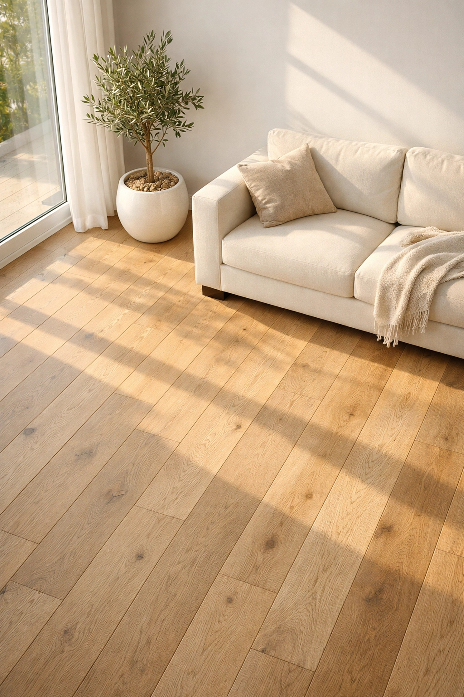 Natural white oak hardwood floors in a modern living room, increasing Chicago suburb property value.