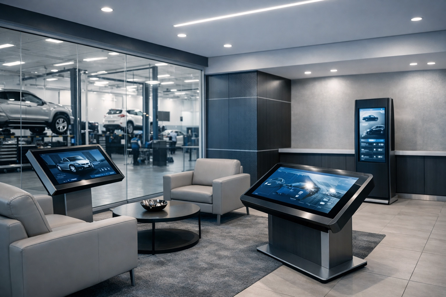 Interactive digital kiosks and touch-screens in a modern transportation dealership customer engagement lounge.