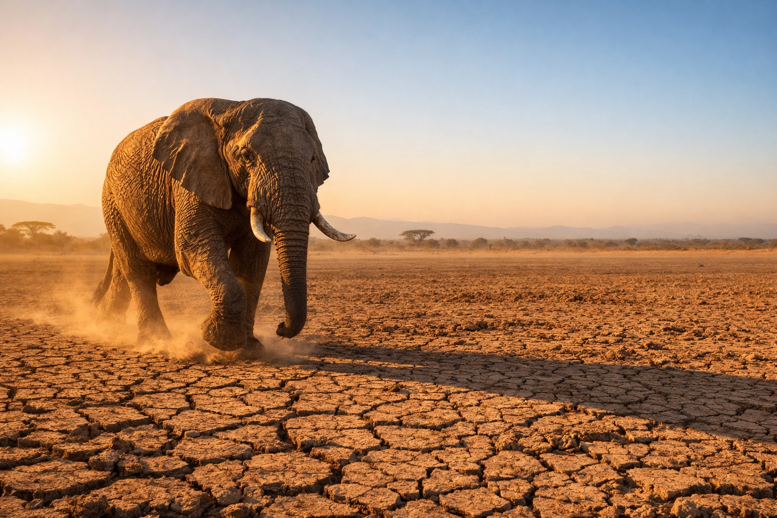 An African savanna elephant walking across dry earth illustrating the reality of habitat loss.