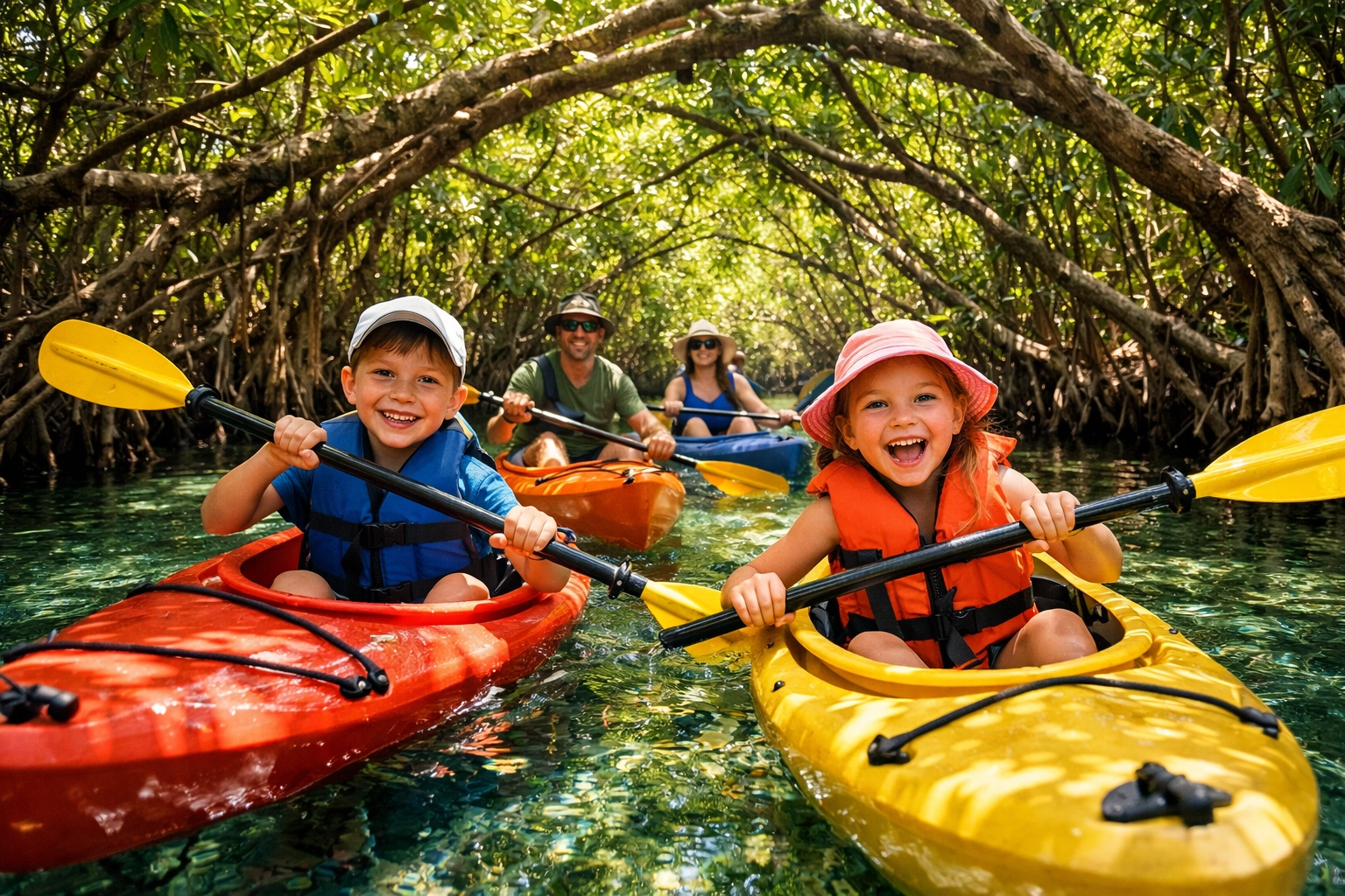 Family kayaking through tropical mangroves, a fun water activity for adventurous family travel.