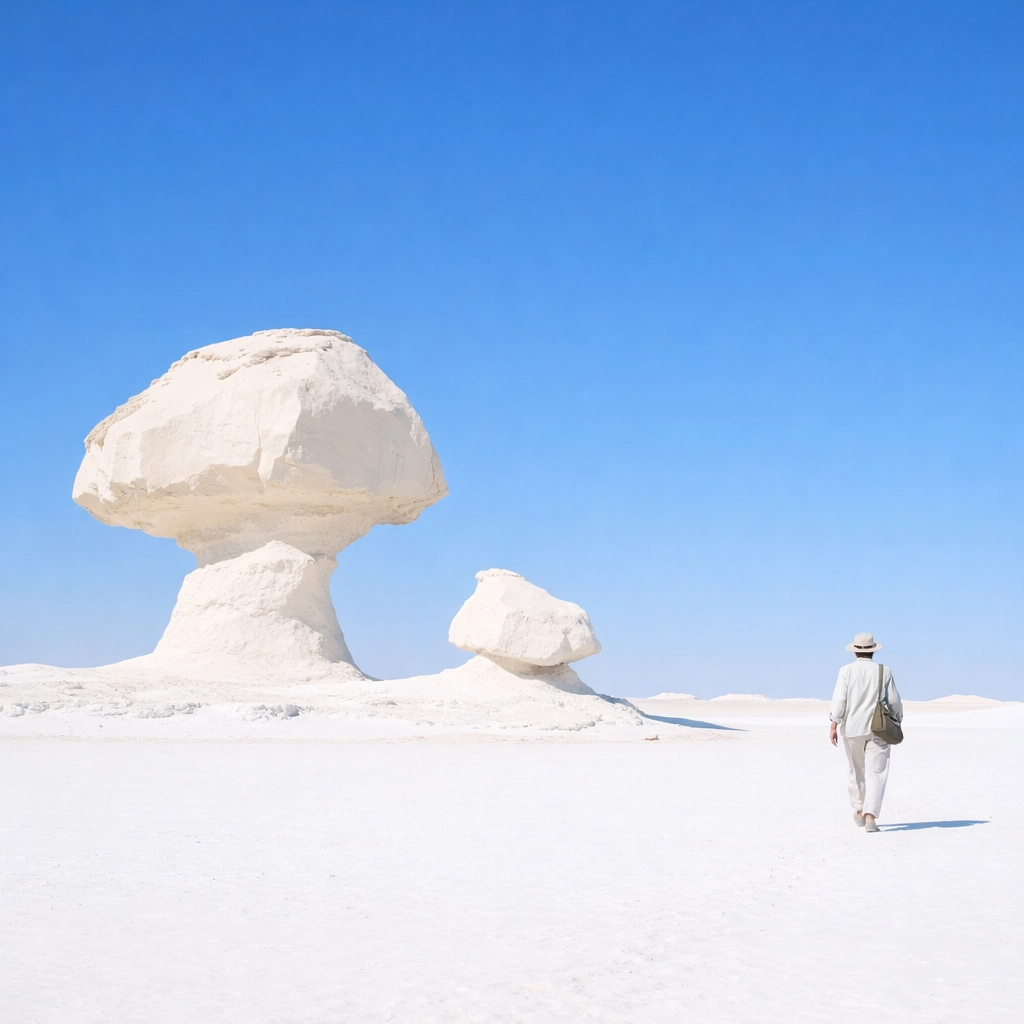 Traveler walking among surreal white chalk rock formations in Egypt's majestic White Desert.