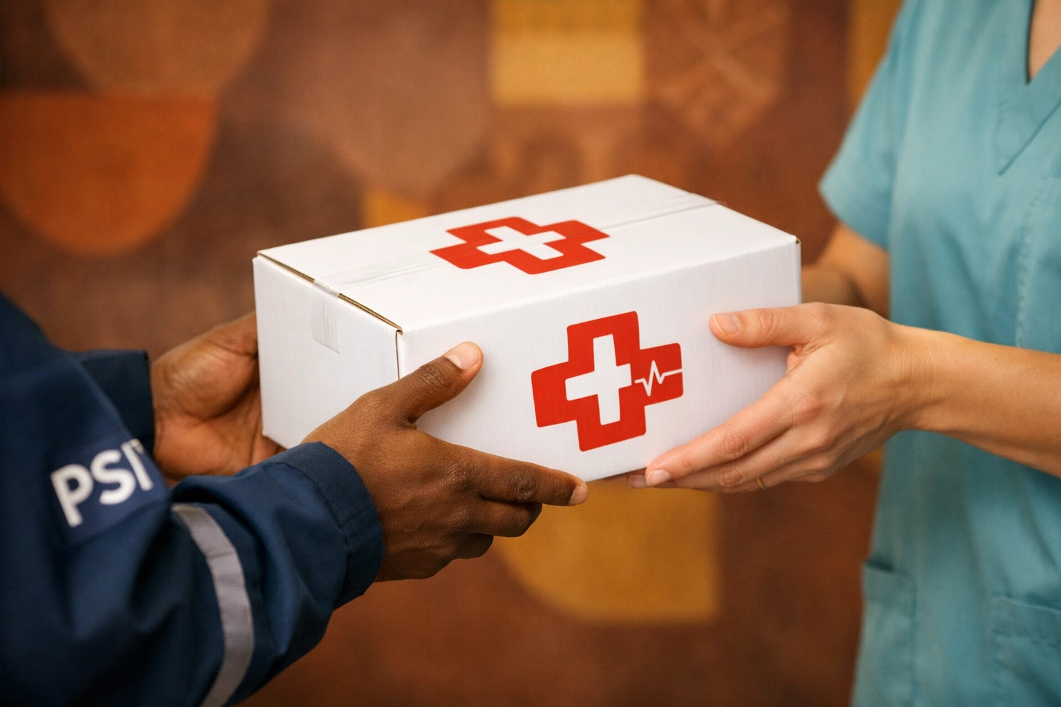 PSI agent delivering medical supplies to healthcare professional in global logistics operation