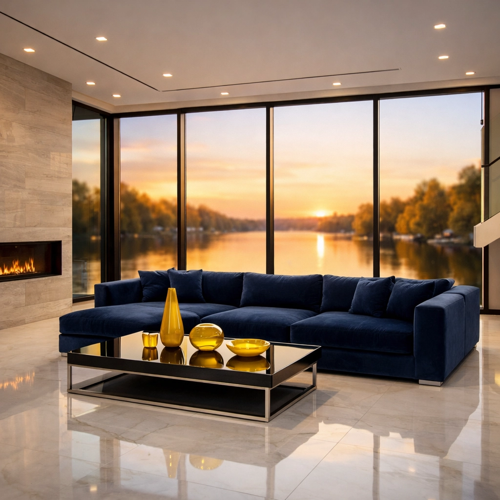 Modern luxury living room in Shrewsbury overlooking Lake Quinsigamond after a premium estate cleaning service.