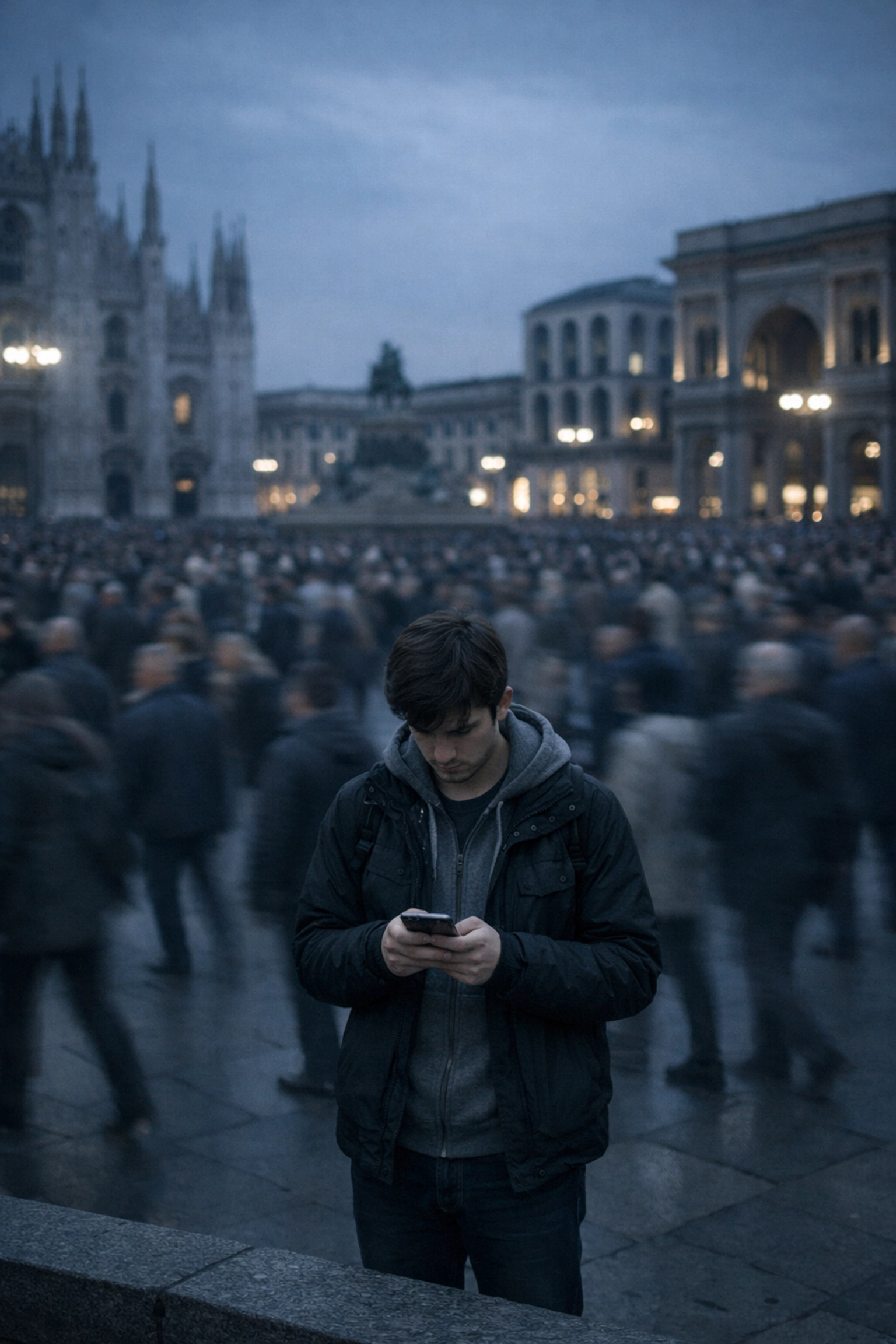 A person looking at a phone in a crowd, symbolizing unsegmented email leads and marketing noise.