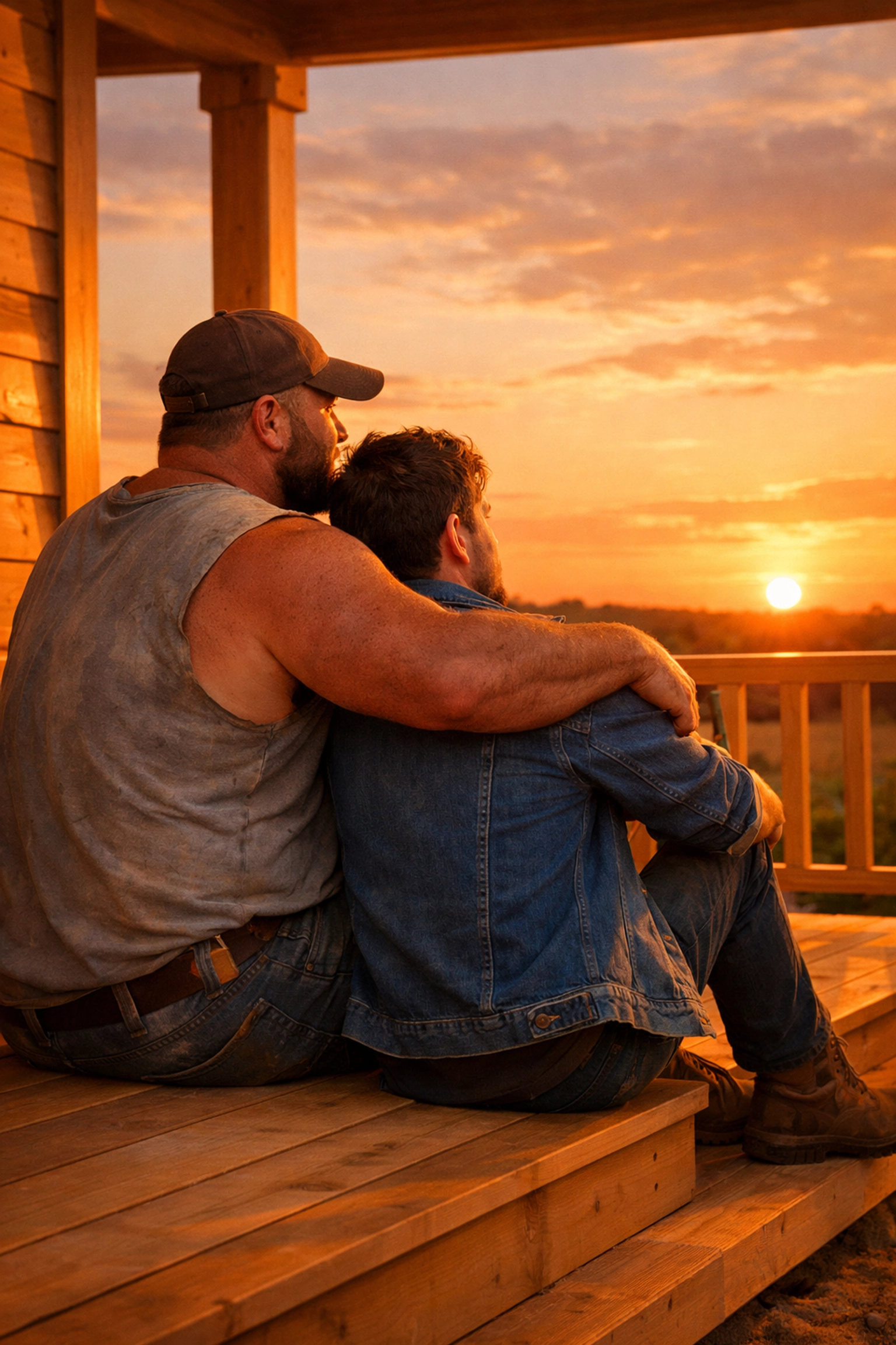 A bearded builder and his partner sitting on a finished porch at sunset, a classic gay romance happy ending.
