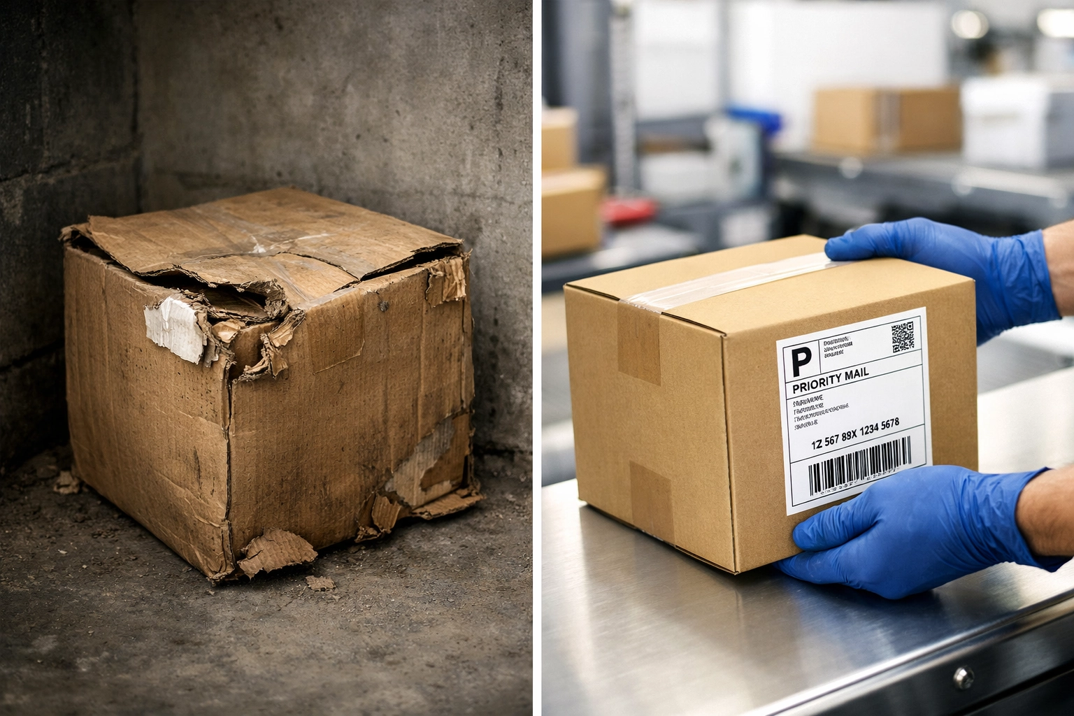Comparison of damaged parcel from cheap shipping vs pristine package with reliable carrier handling