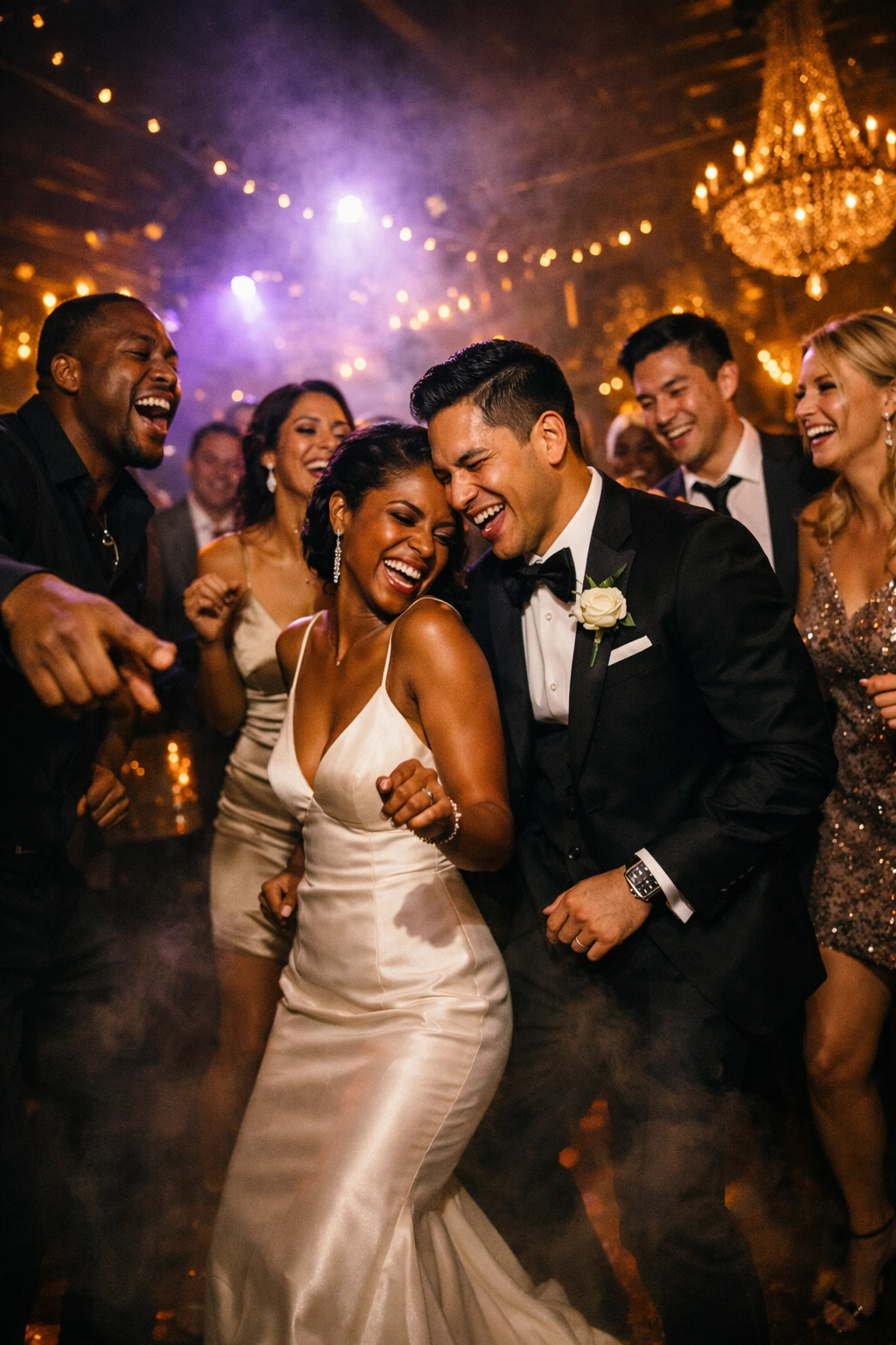 Diverse wedding party dancing together on a packed reception dance floor with moody lighting