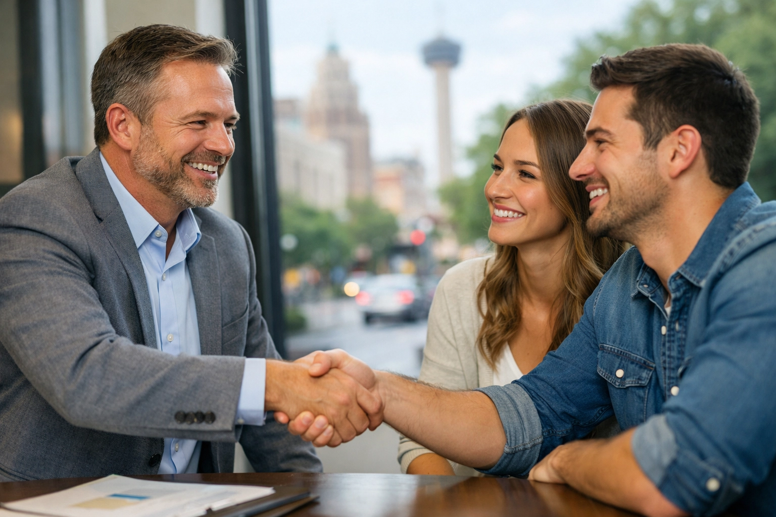 Texas real estate agent shaking hands with first time home buyers in a modern office.