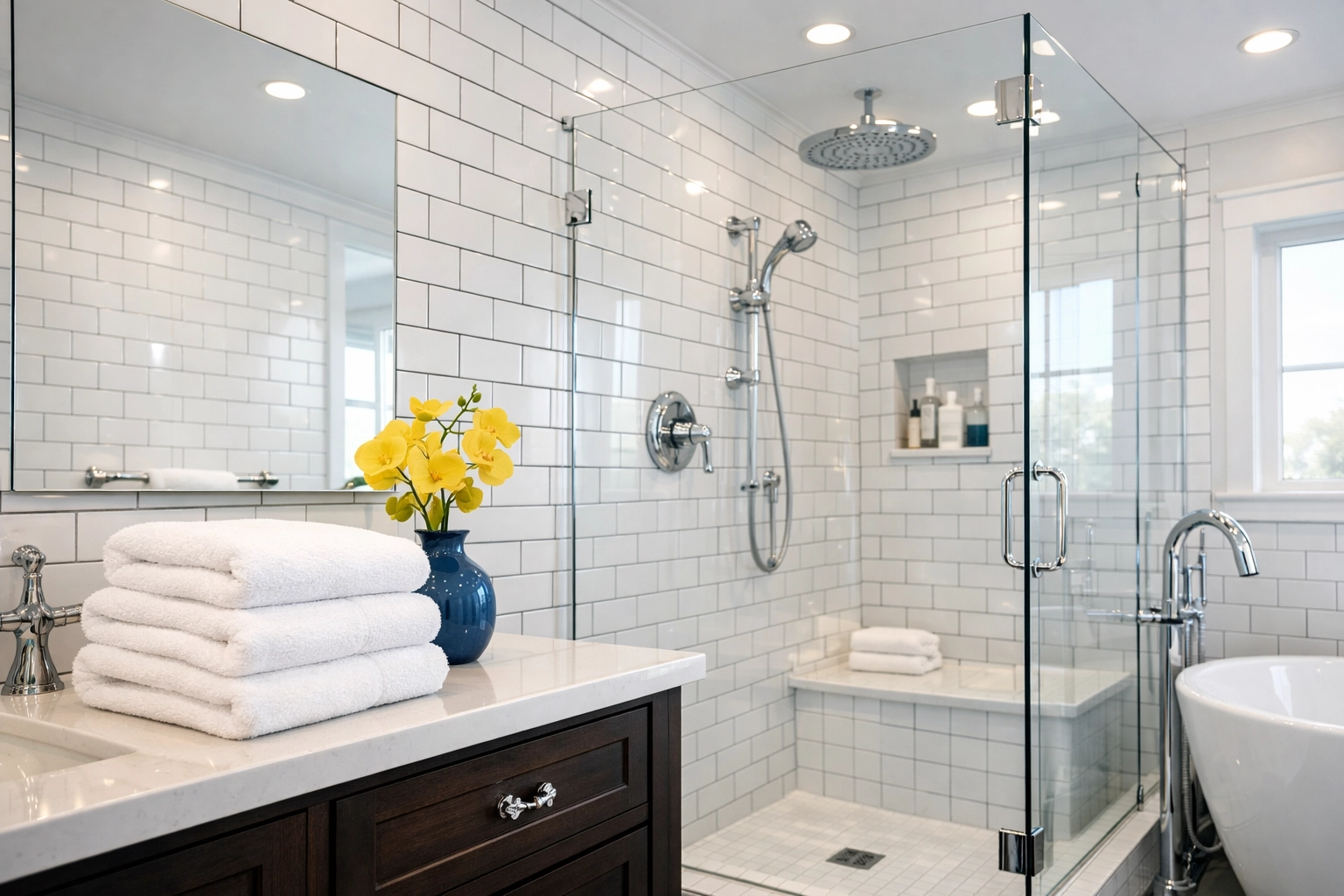 Spotless luxury bathroom with sparkling tiles after professional residential cleaning in North Reading.