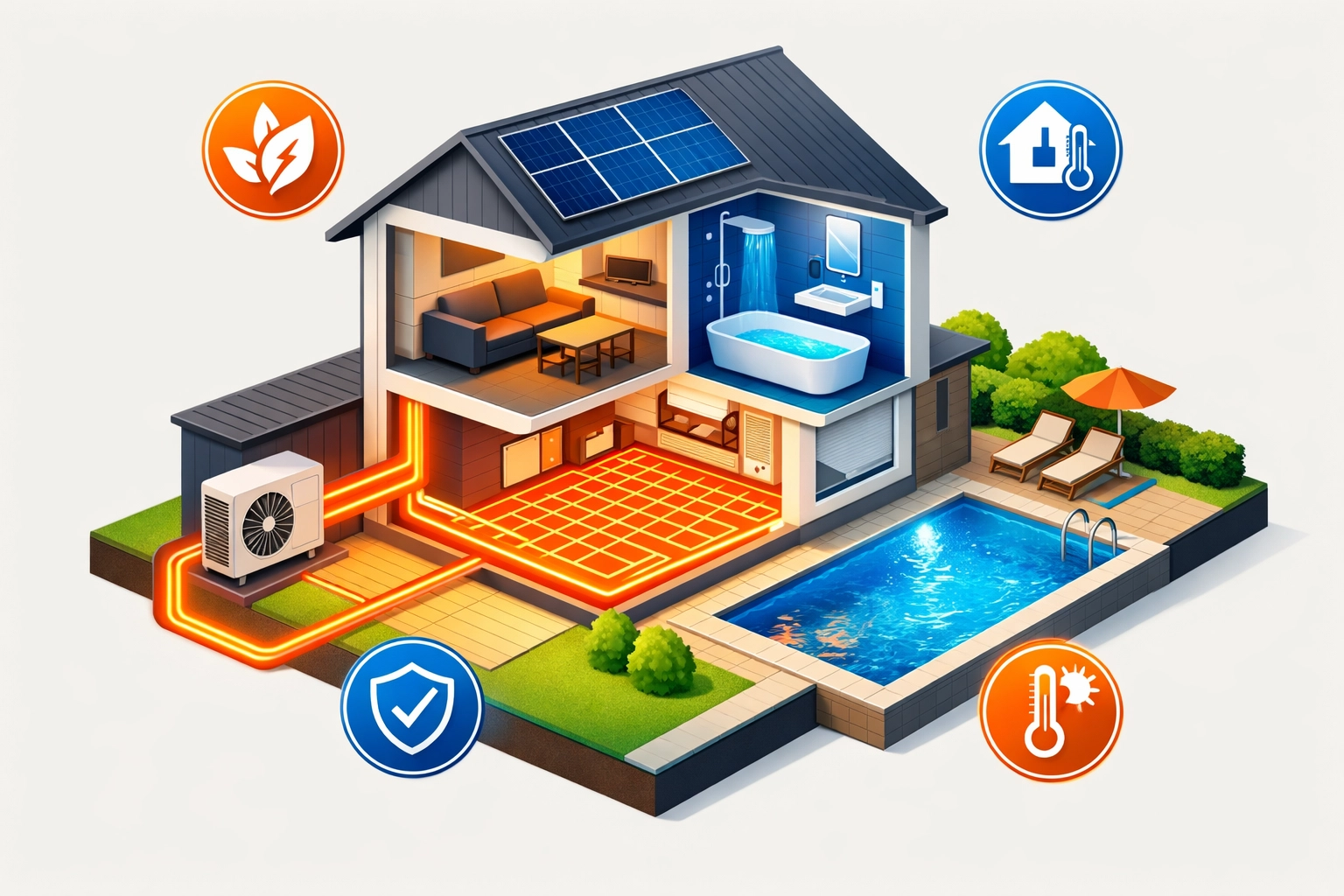 Illustration of a Surrey home with an air source heat pump, underfloor heating, and energy-efficient plumbing services.