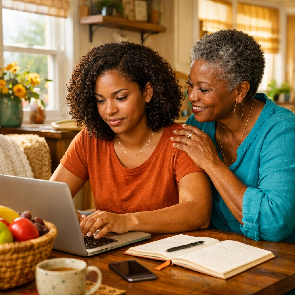 Two Black women in South Jersey researching emergency financial assistance resources on a laptop together.
