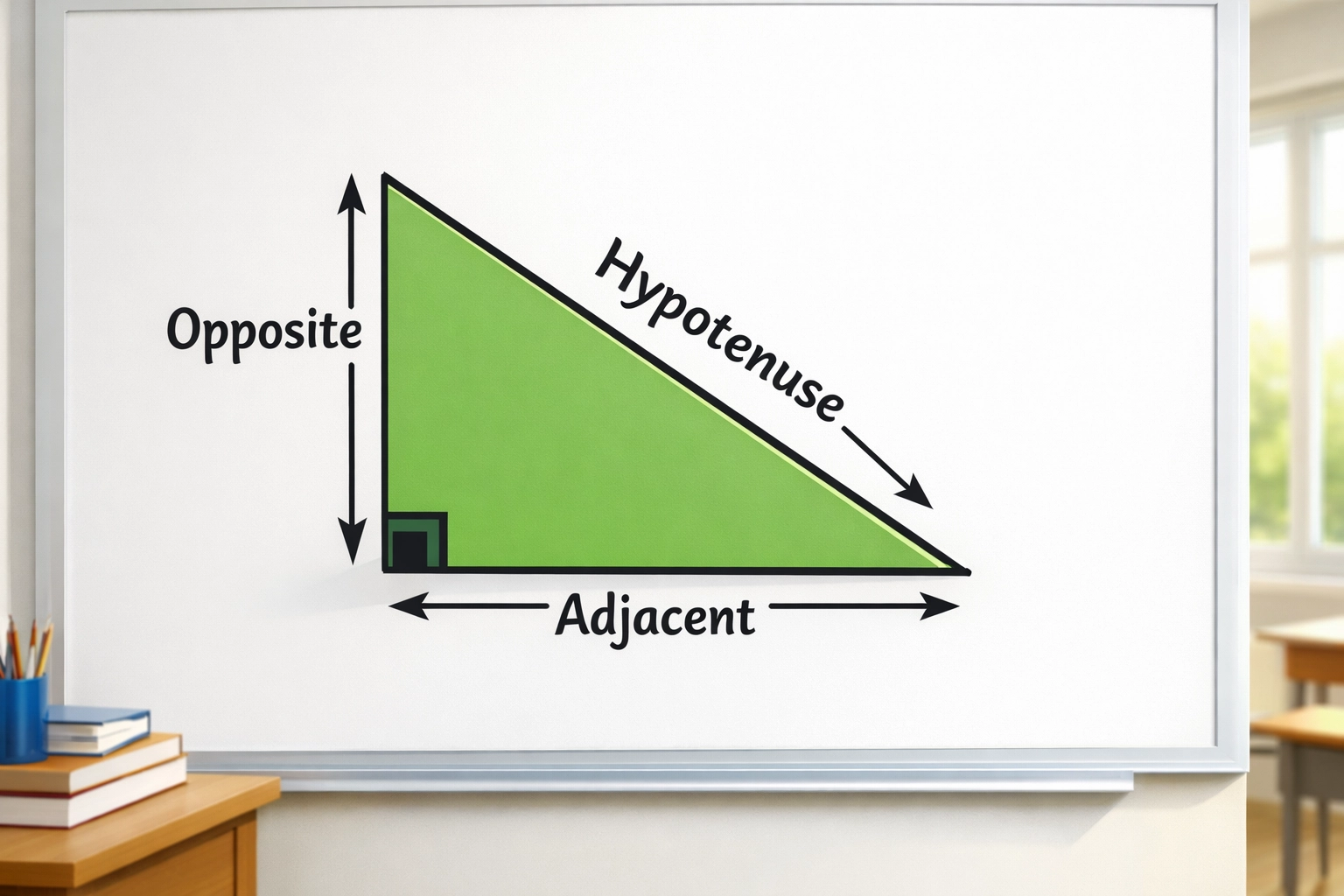 Right triangle diagram showing opposite, adjacent, and hypotenuse sides for SAT trigonometry