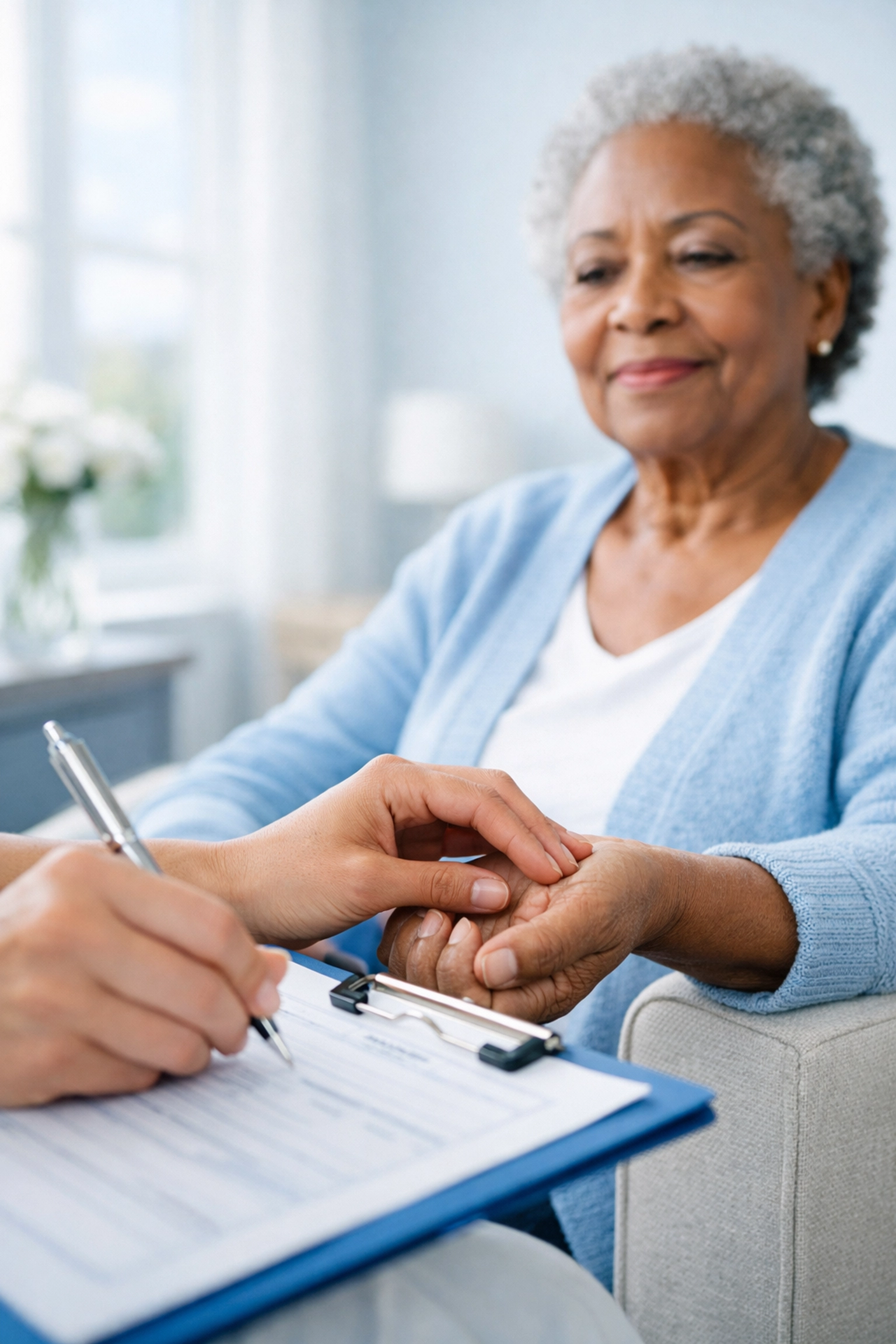 Home health aide monitoring senior's vital signs during post-hospital care