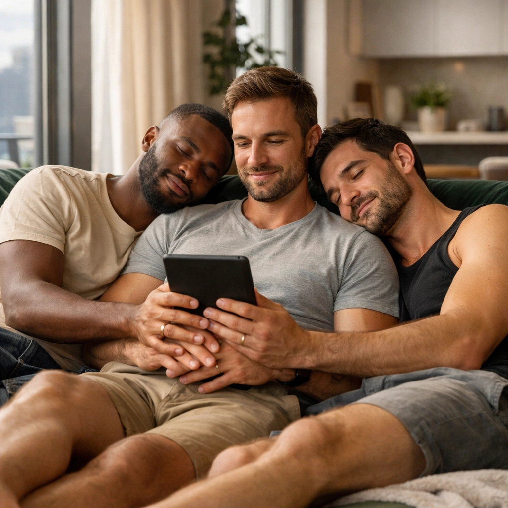 A polyamorous triad of gay men relaxing and reading an eBook together, illustrating a modern queer partnership.