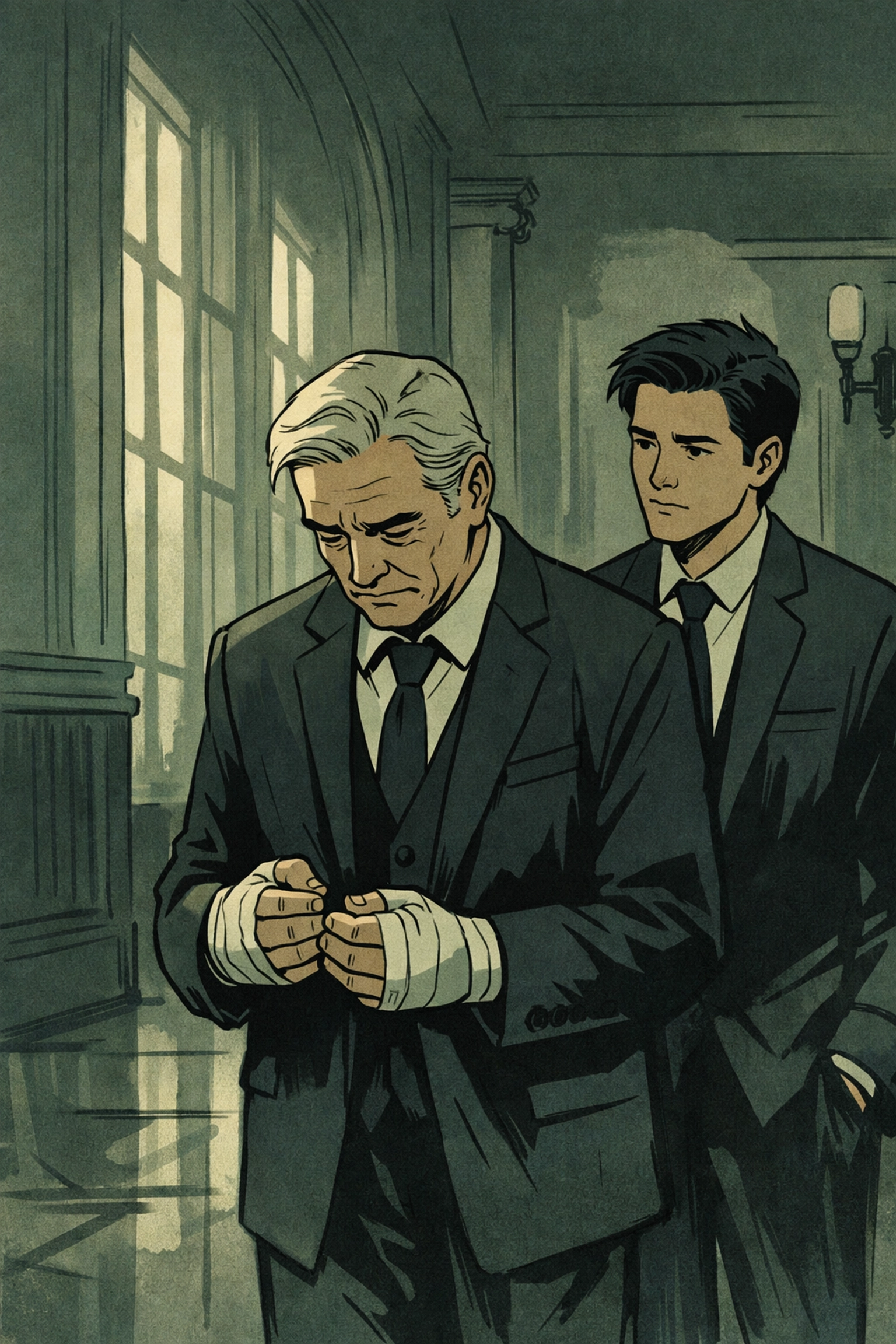 Older statesman with bandaged hands and younger man in parliamentary corridor - political MM romance scandal