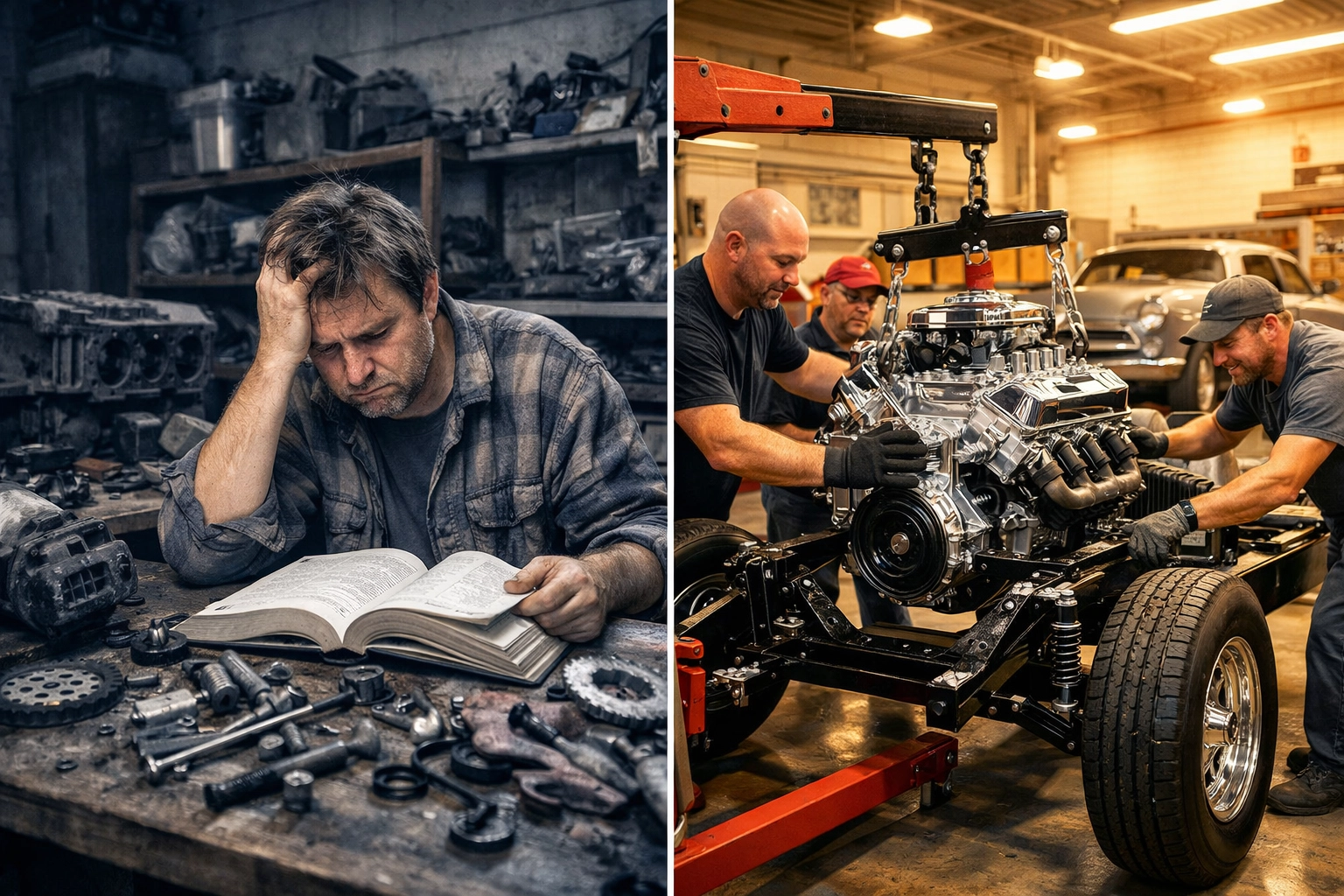 Professional mechanics at a restoration shop installing an engine into a vintage car chassis.