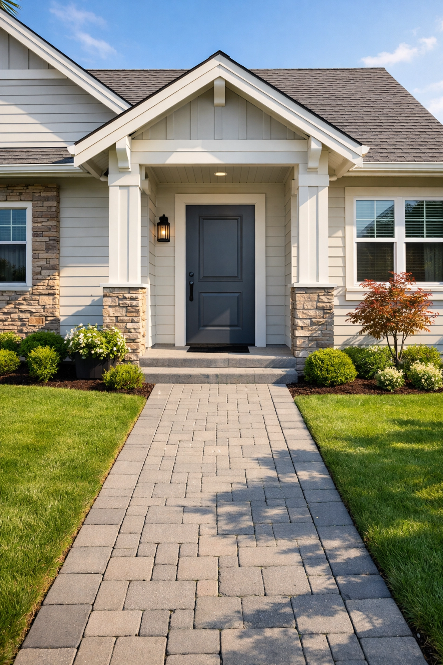 Modern Saskatoon home exterior with clean walkway and freshly painted front door, ready for tenants.