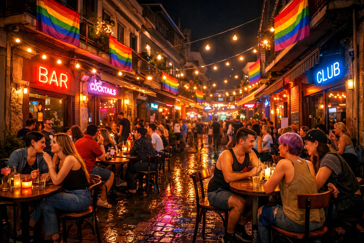 Athens Gazi district LGBTQ+ nightlife with rainbow flags and queer community