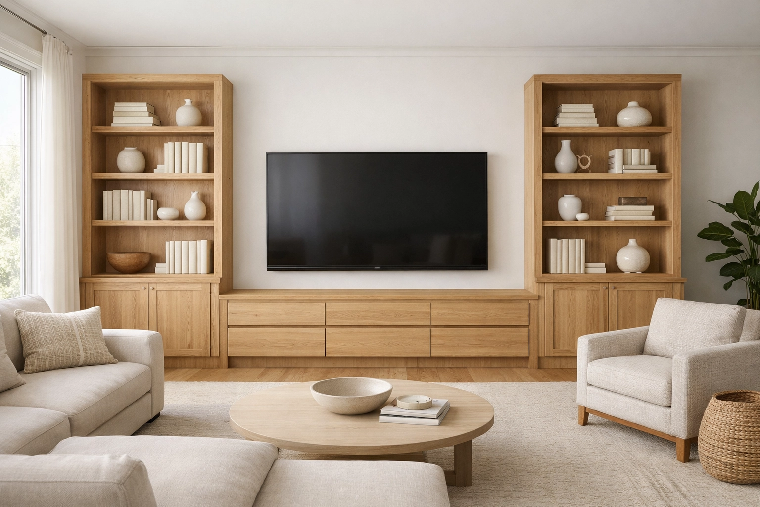Modern living room featuring a large white-oak entertainment center and bookshelves on a sun-drenched wall.