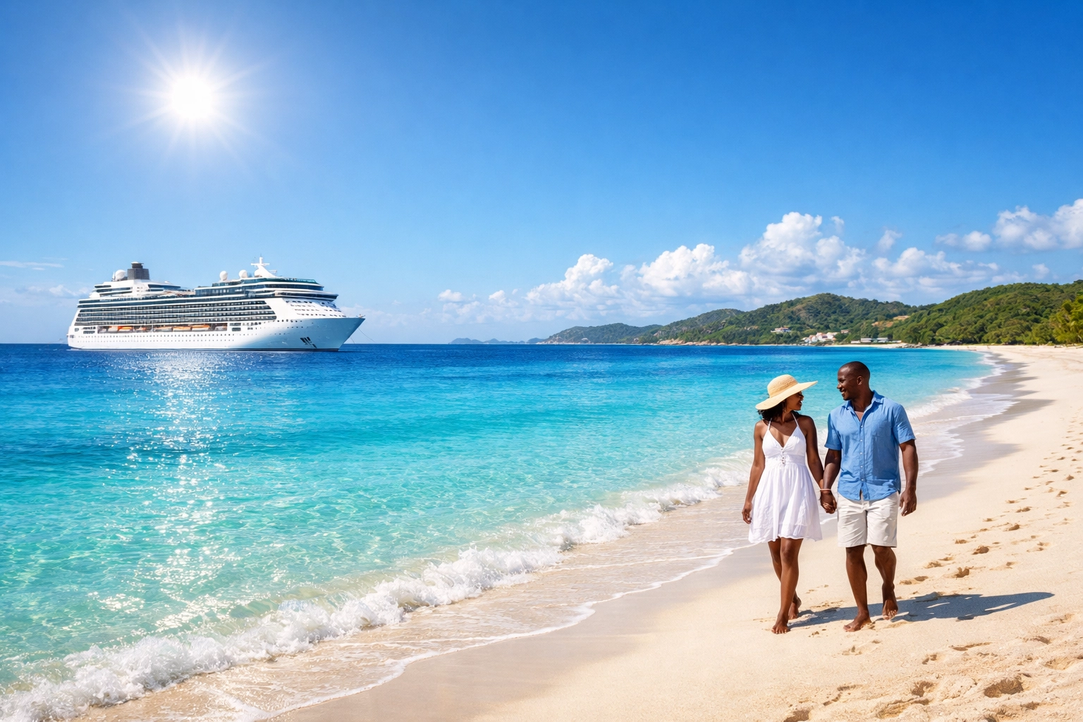 A tropical beach with a cruise ship in the background, curated by an expert Omaha Travel Agent.