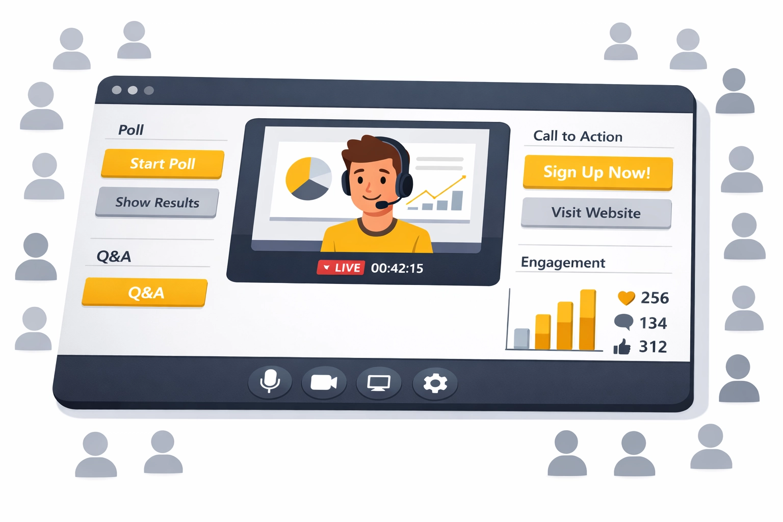 Interactive webinar software dashboard showing engagement tools and CTA buttons