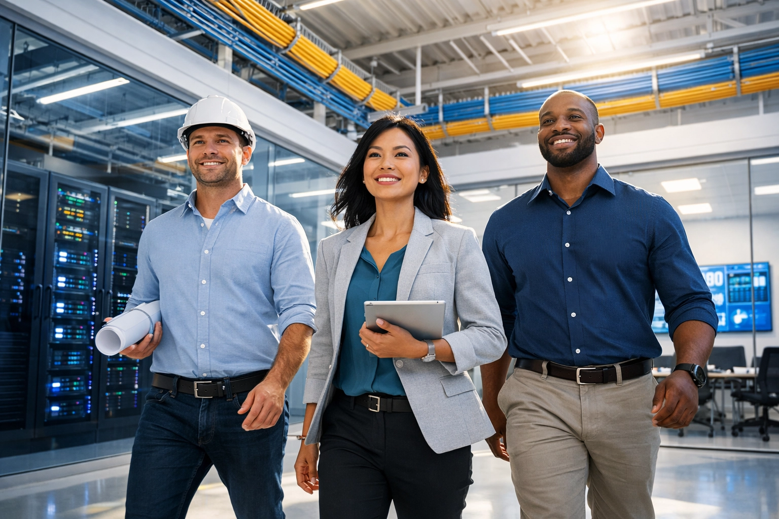 Professionals collaborating in a modern cloud and AI workforce development training facility.