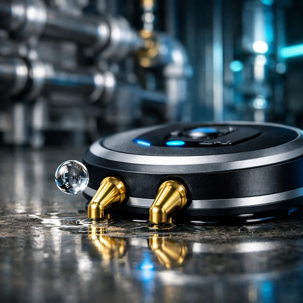 High-precision water leak sensor with gold-plated probes for 24/7 building monitoring and flood prevention.