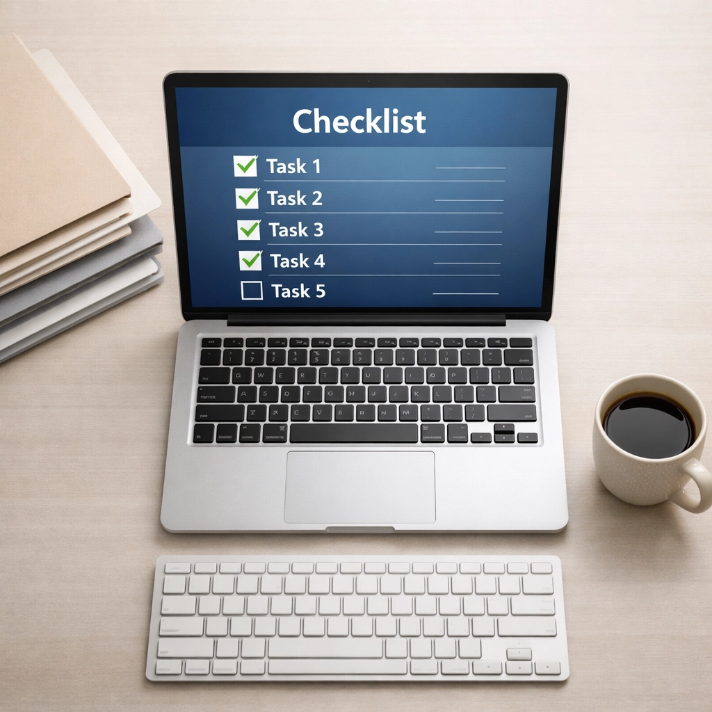 Organized tax practice desk with digital checklists and standardized process templates