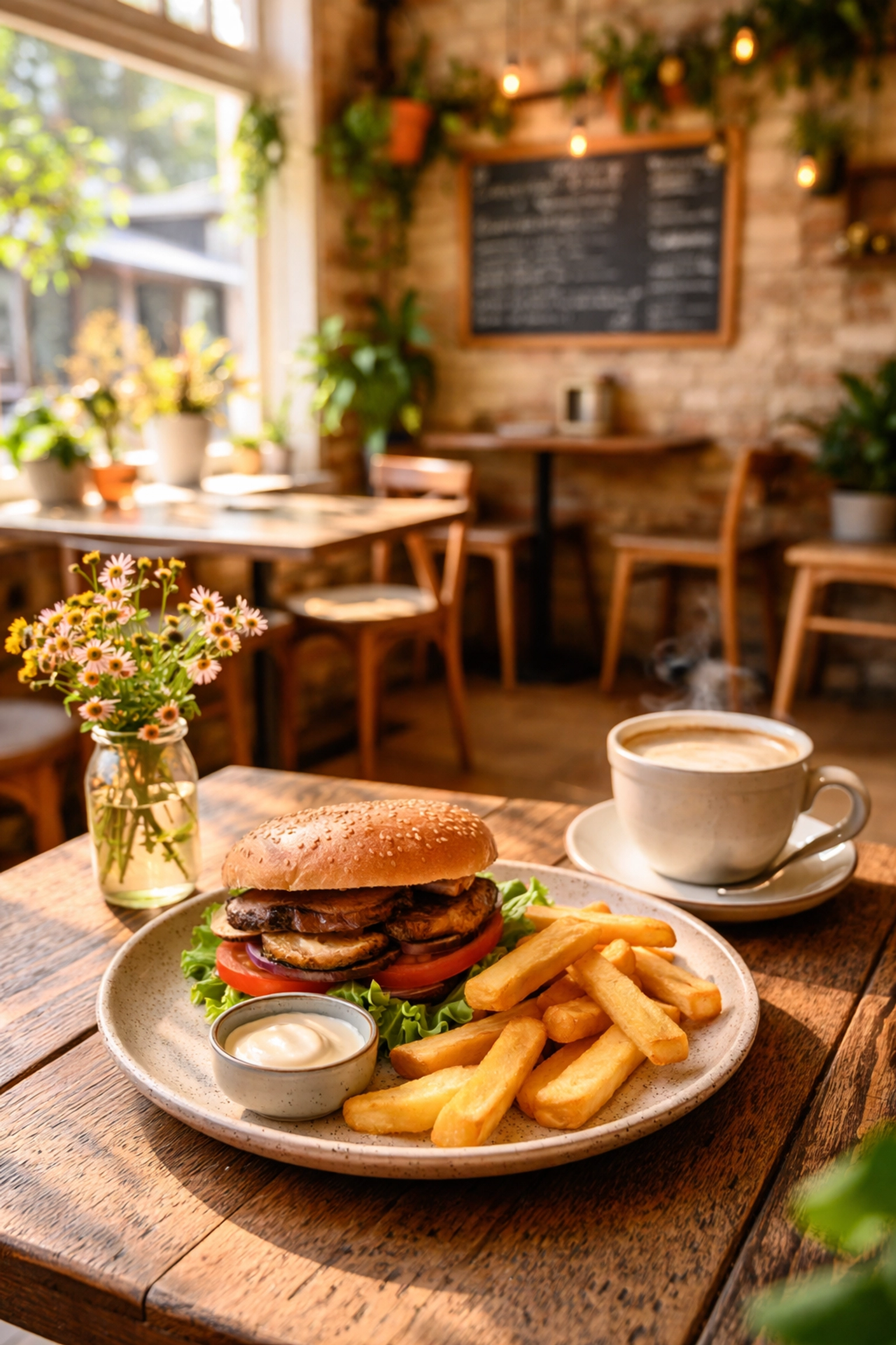 Vegan mushroom burger and chips with coffee in a cozy café in Stratford-upon-Avon, perfect for vegetarian Cotswolds tours