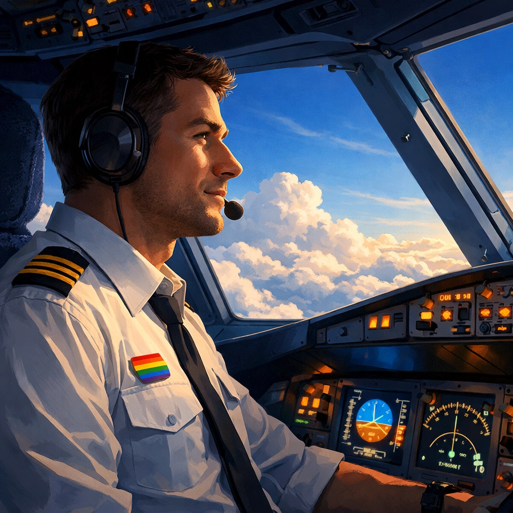 Gay pilot wearing rainbow pride pin in aircraft cockpit during flight