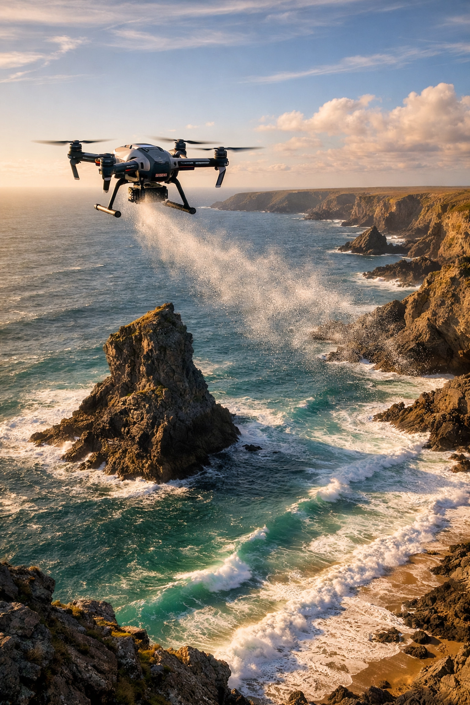 Professional drone performing a dignified ashes scattering ceremony over the sea at Bedruthan Steps, Cornwall.