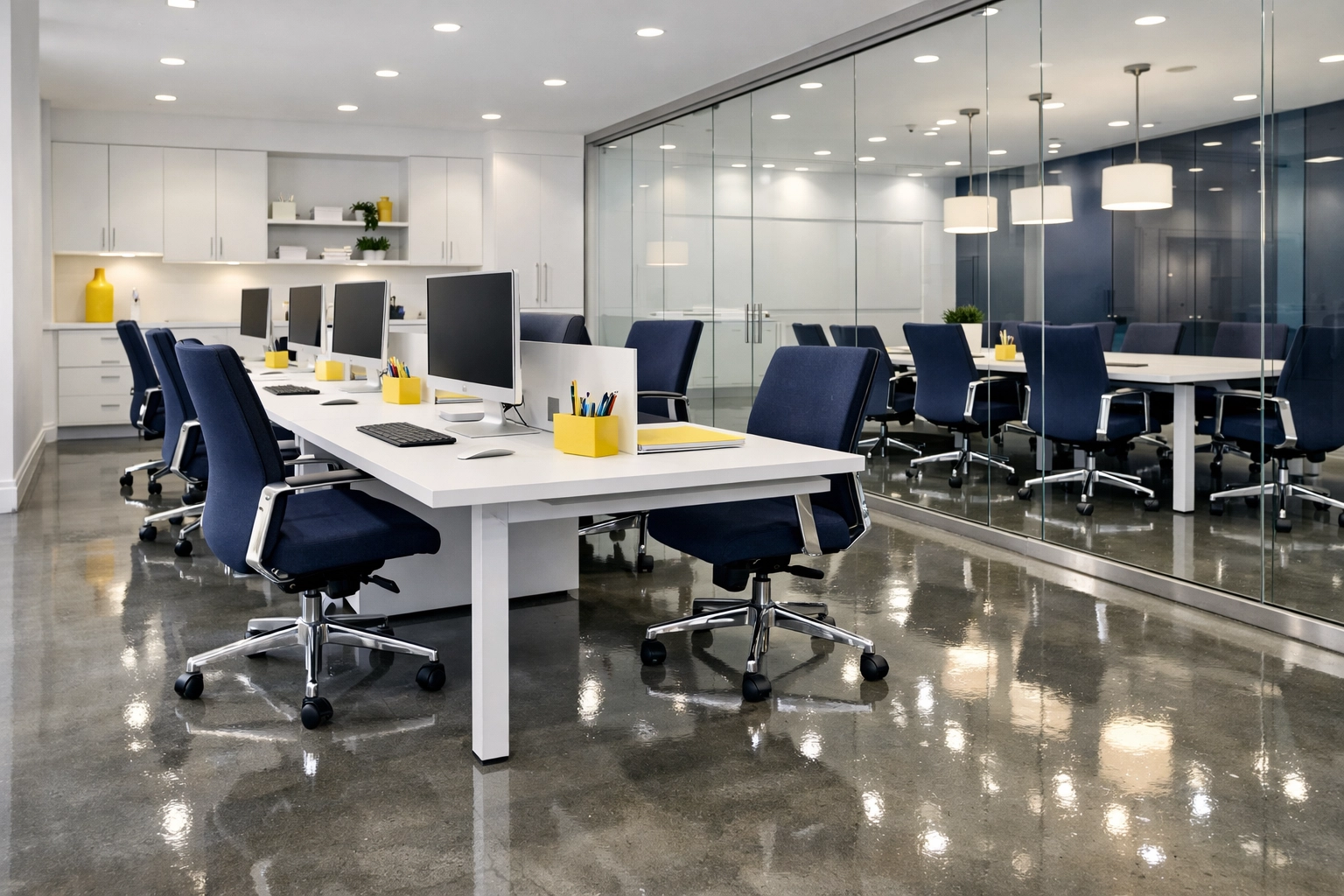 Sleek modern office in Massachusetts featuring polished floors after expert commercial cleaning services.