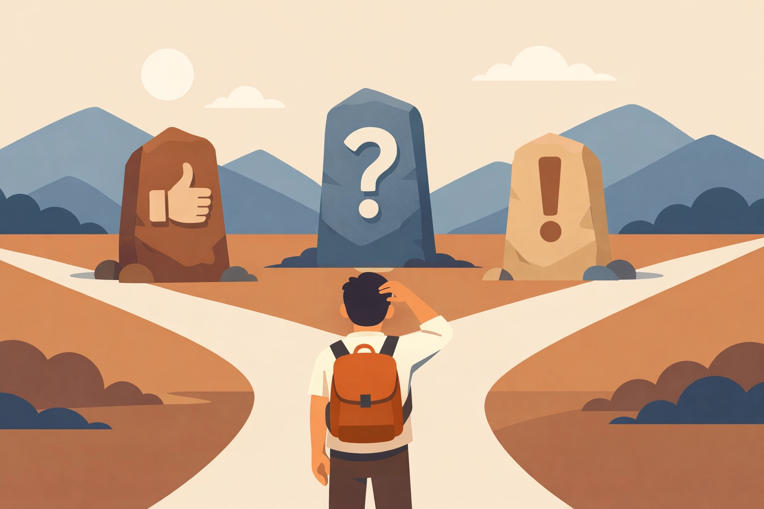 Employee at a crossroads confused by emoji signs, illustrating the breakdown of clear workplace communication.