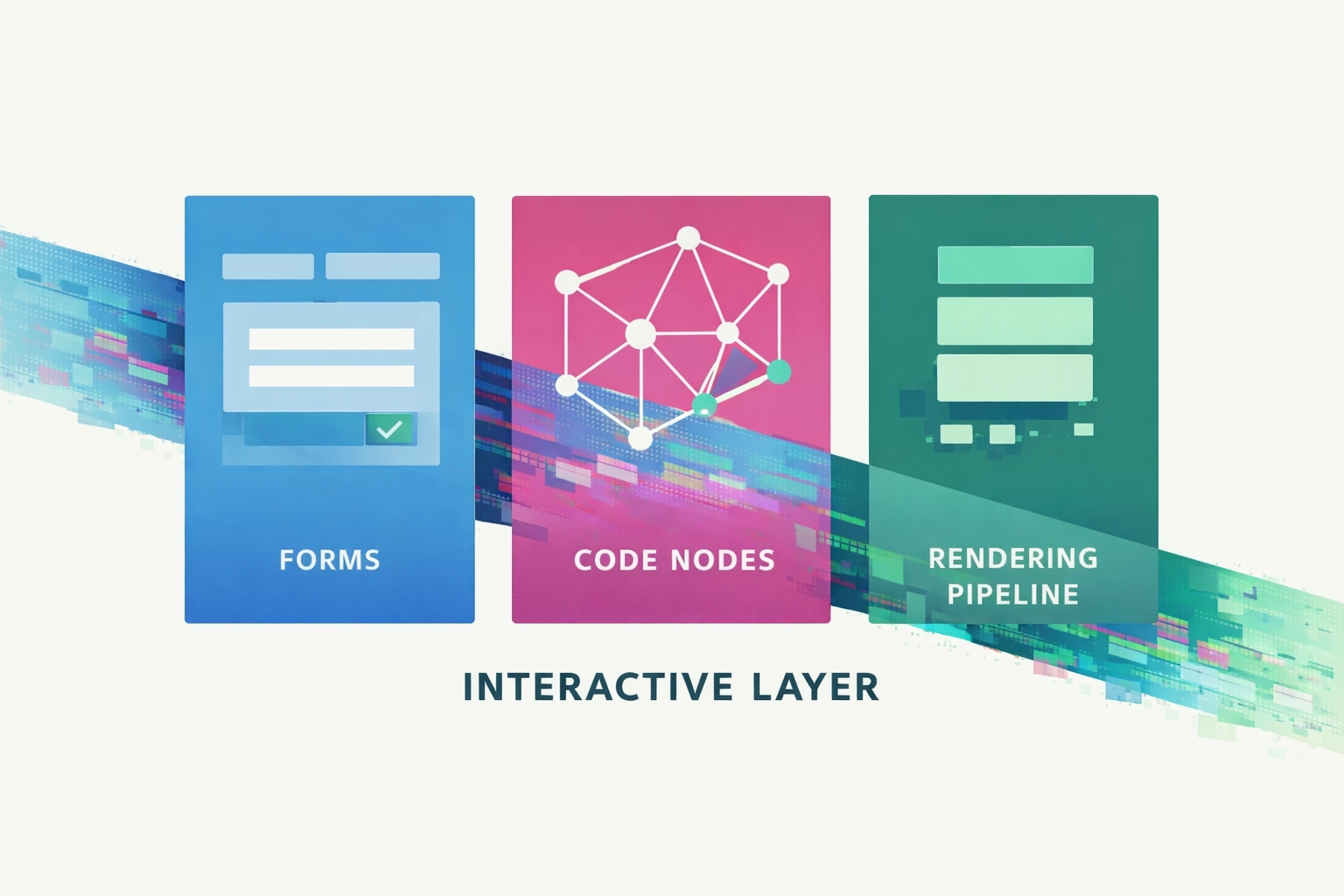 Minimalist flat-design tech graphic with duotone overlay and pixelated glitch band, representing forms, JavaScript rendering, and interactive government web applications in a technical SEO audit.