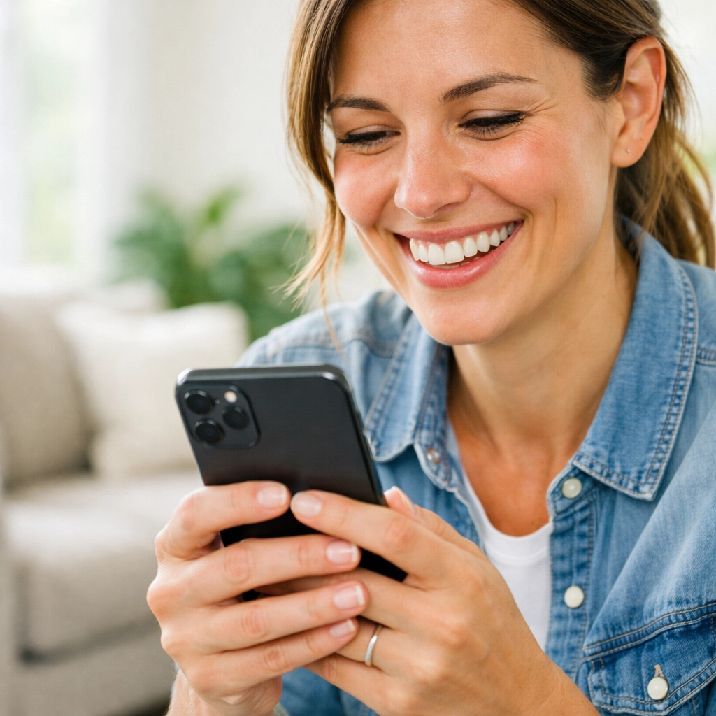 Relieved person receiving funds for a bad credit loan canada on their smartphone in a bright living room.