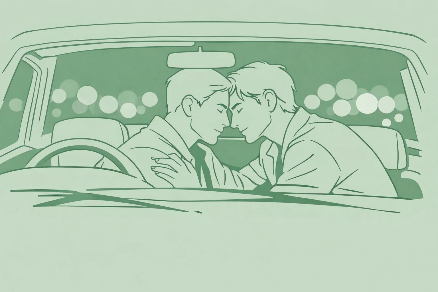 Bisexual men embrace in car at night depicting emotional connection in high-stakes gay romance