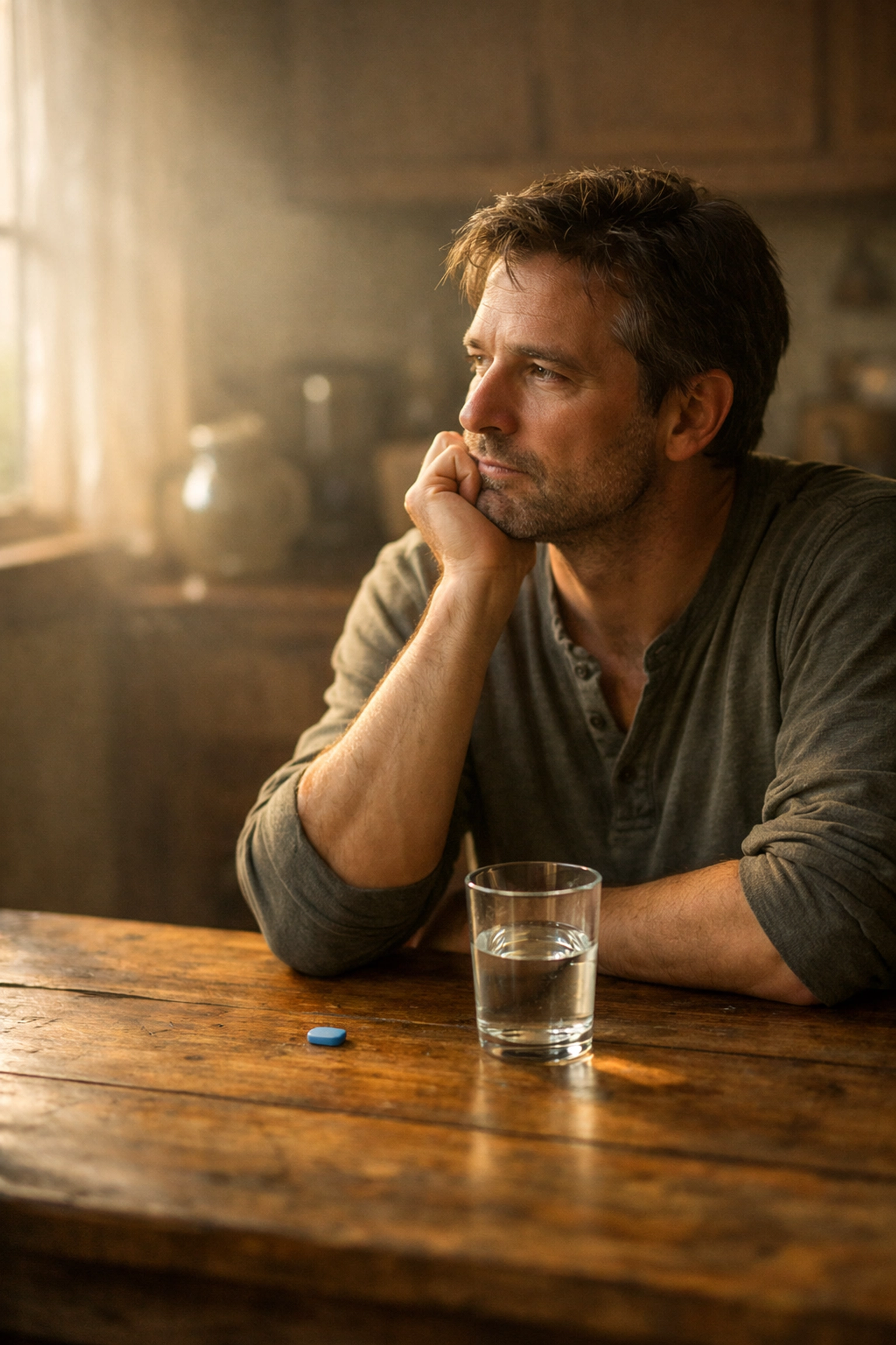 Gondolkodó férfi az asztalnál, merevedési zavar gyógyszeres kezelése és a valódi okok feltárása.