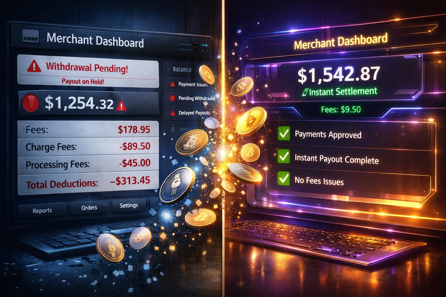 Comparison of traditional crypto payment gateway fees versus low-fee non-custodial alternative
