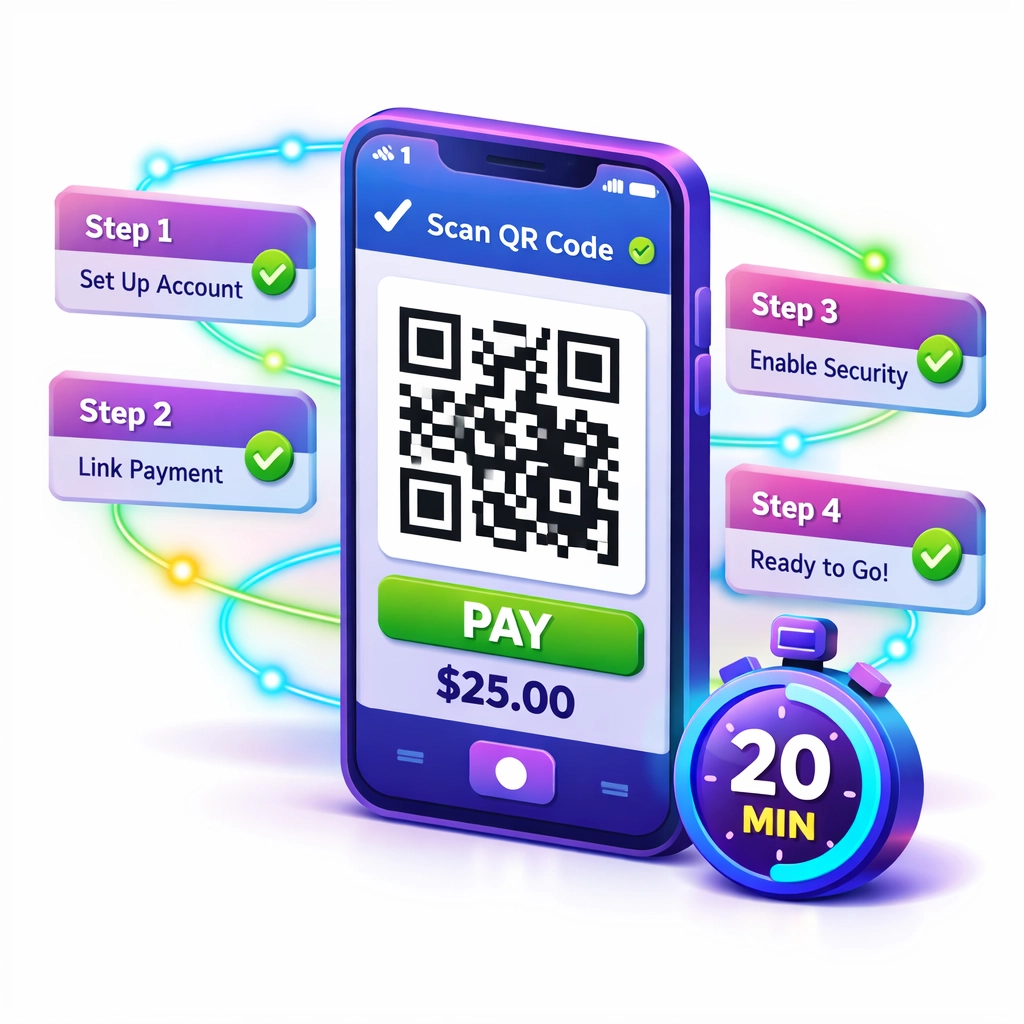Simple 20-minute crypto payment setup process with QR code merchant integration