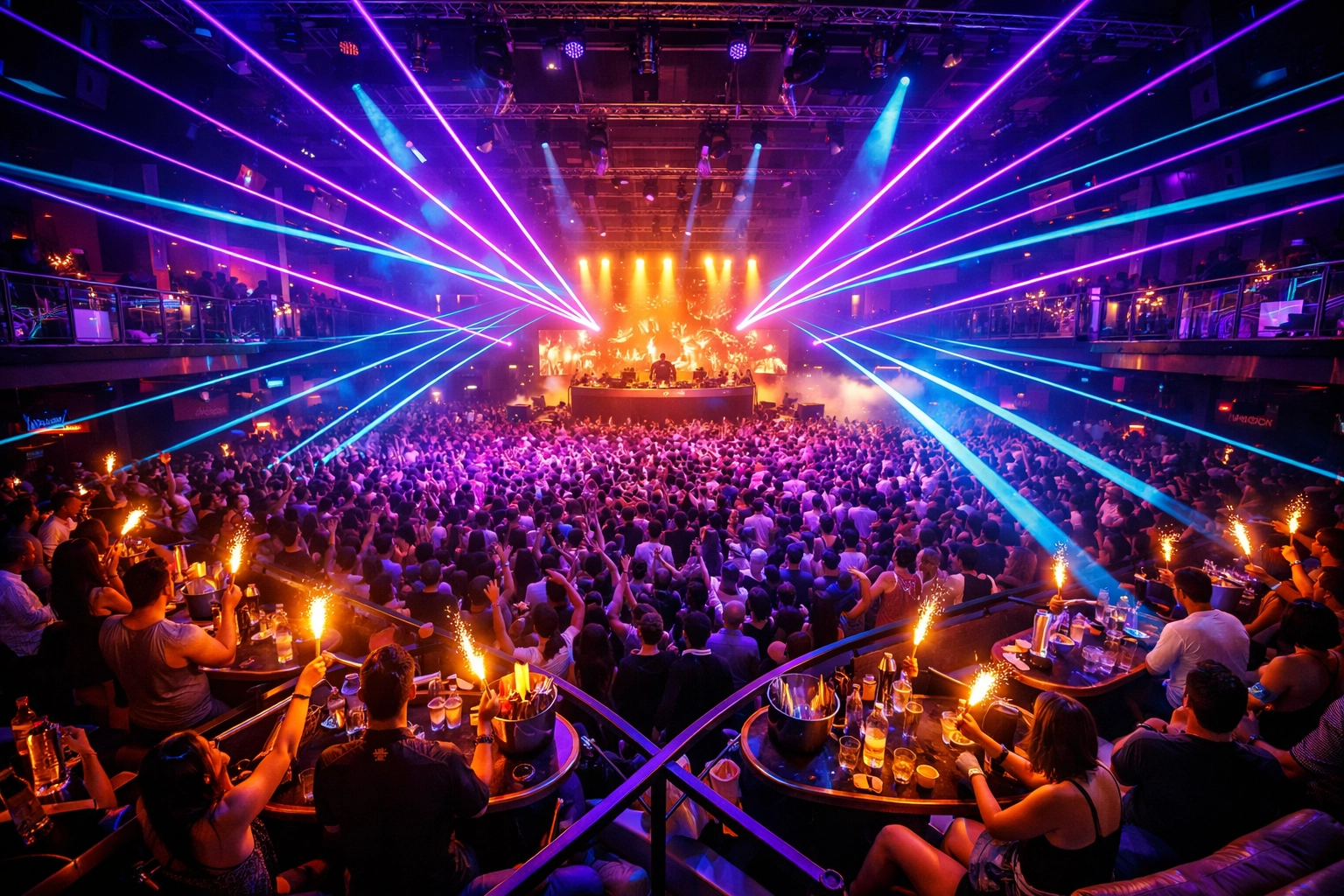 Hï Ibiza Theatre dancefloor with VIP tables overlooking DJ booth and crowd