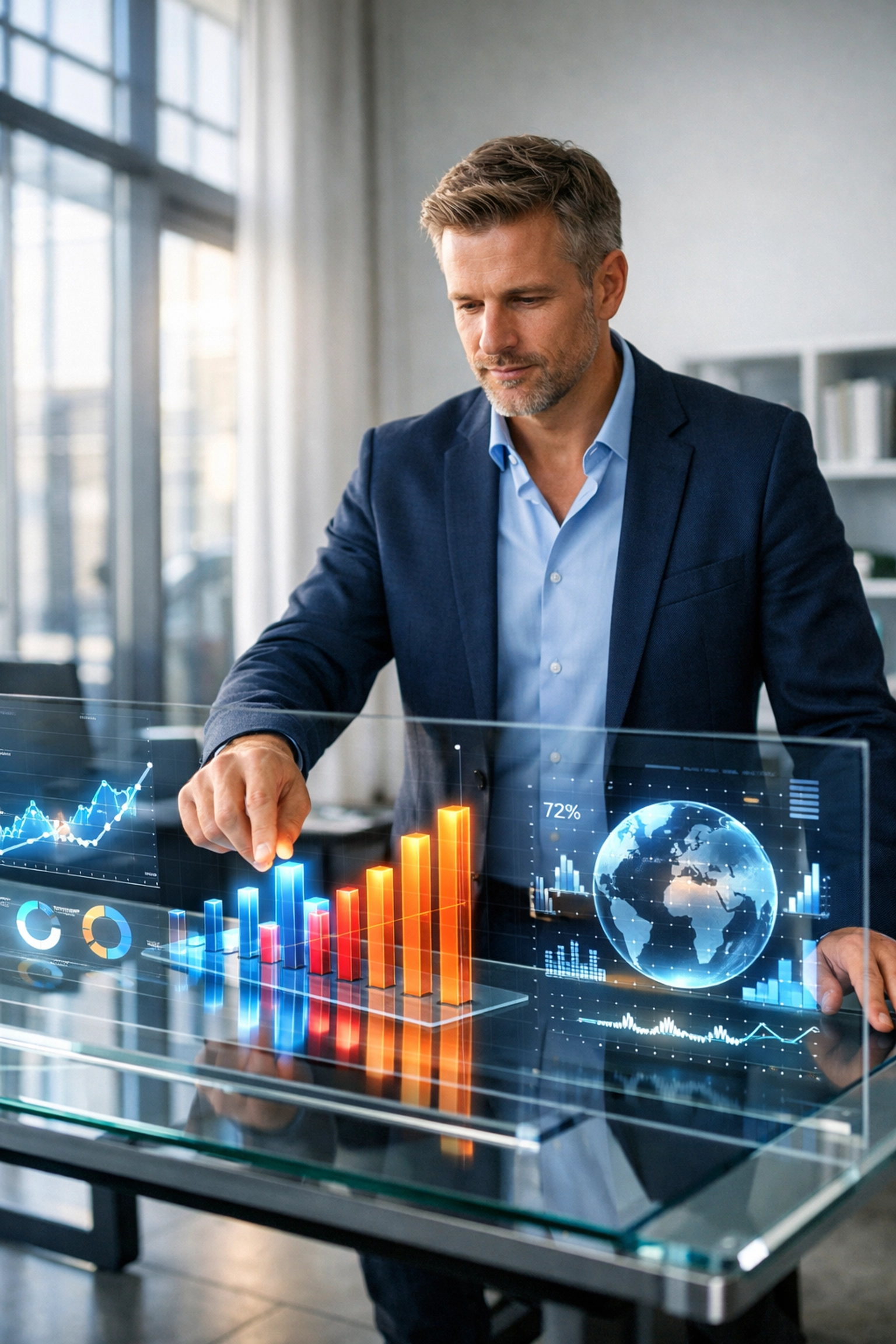 Executive reviewing data analytics dashboards for Fortune 100 workforce strategy and talent management.