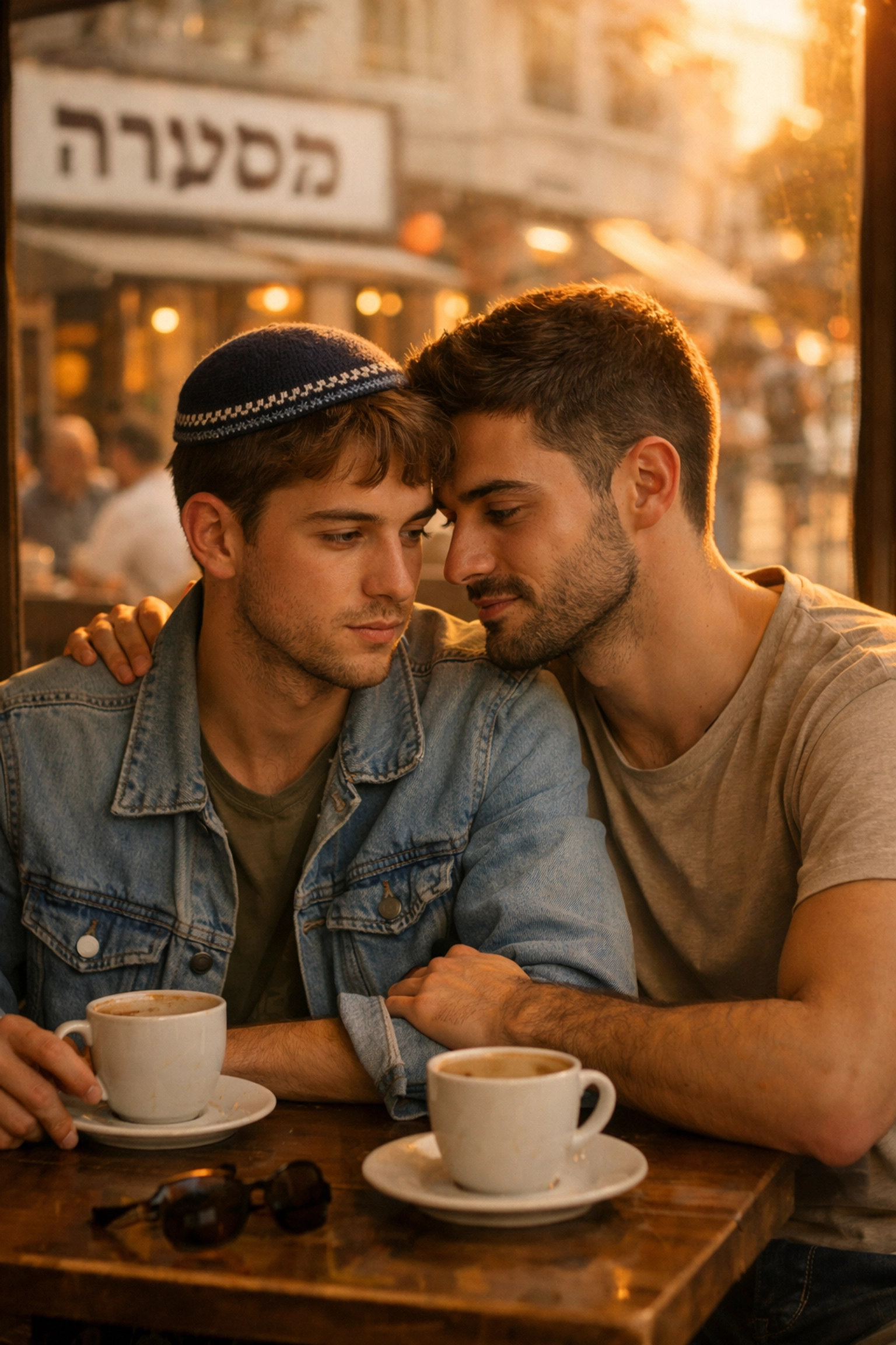 Gay Jewish man navigating faith and identity in Tel Aviv café