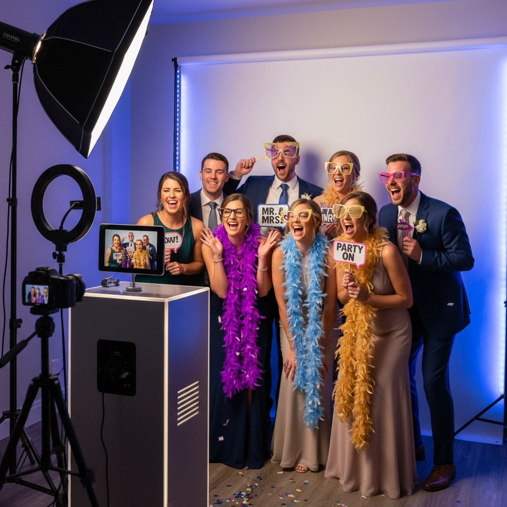 A group of people in colorful boas and sunglasses pose excitedly at a photo booth. Signs read "MR. & MRS." and "PARTY ON." Bright lighting.